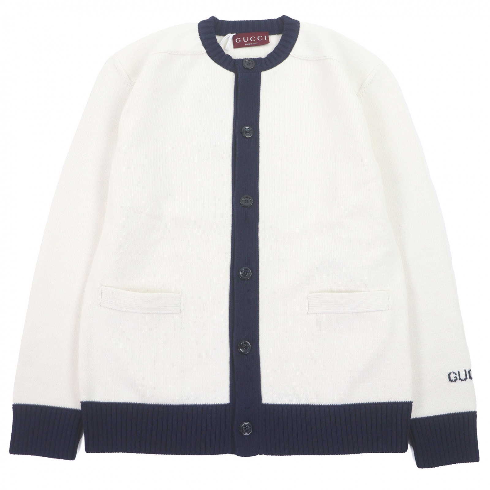 未使用品□GUCCI グッチ 25SS 814520 コットン100％ ロゴ入り インターシャ ニットカーディガン ホワイト ネイビー XS 正規品 メンズ【中古】