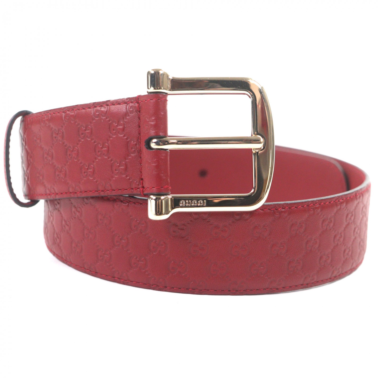 極美品▼GUCCI グッチ 281548 マイクログッチシマ GG柄 ピンバックル レザーベルト レッド ゴールド金具 75・30 イタリア製 メンズ【中古】