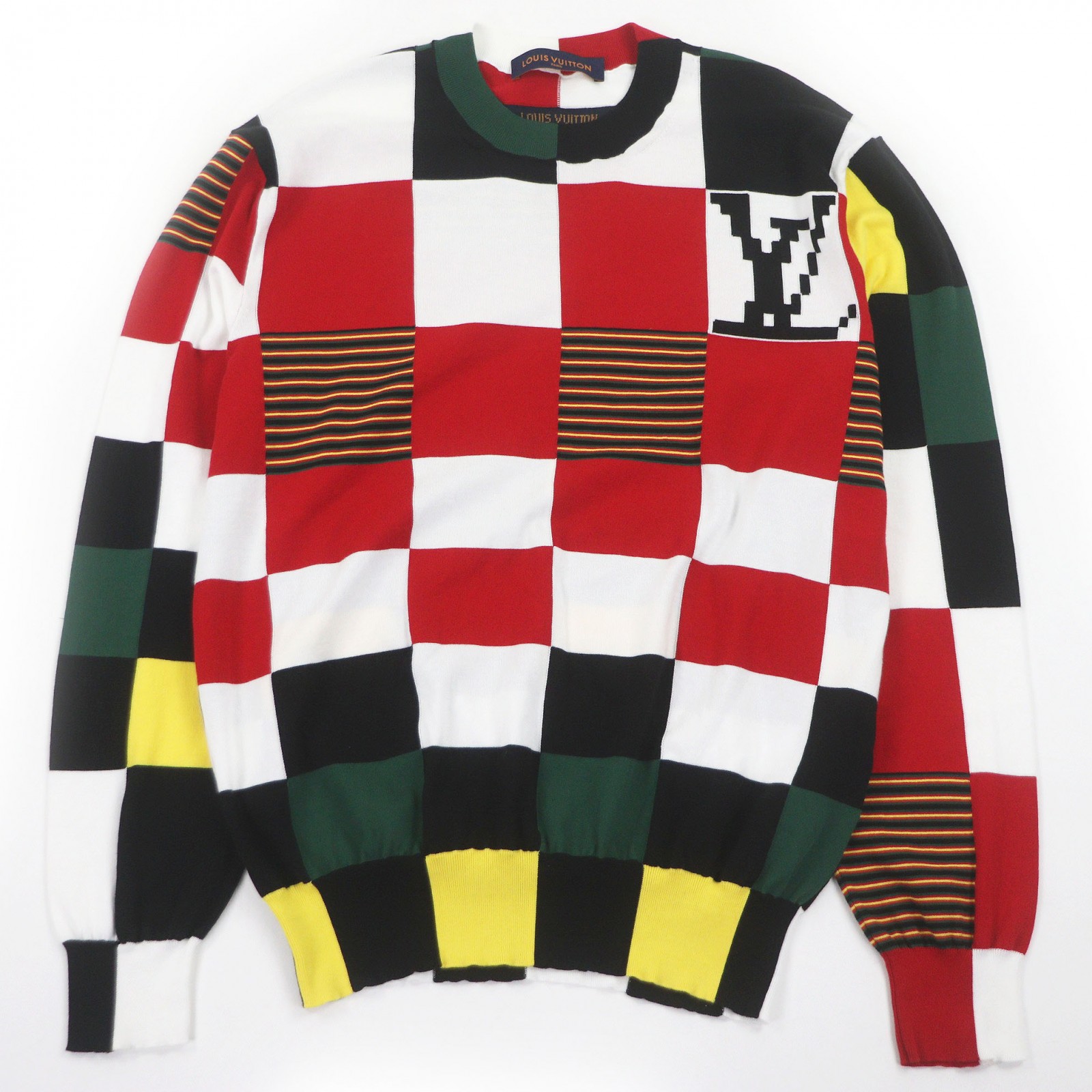 極美品□LOUIS VUITTON ルイヴィトン HMN73W コットン100％ Amen Break インサイドアウト ダミエ LVロゴ 薄手 長袖ニット セーター マルチカラー M イタリア製 正規品 メンズ【中古】