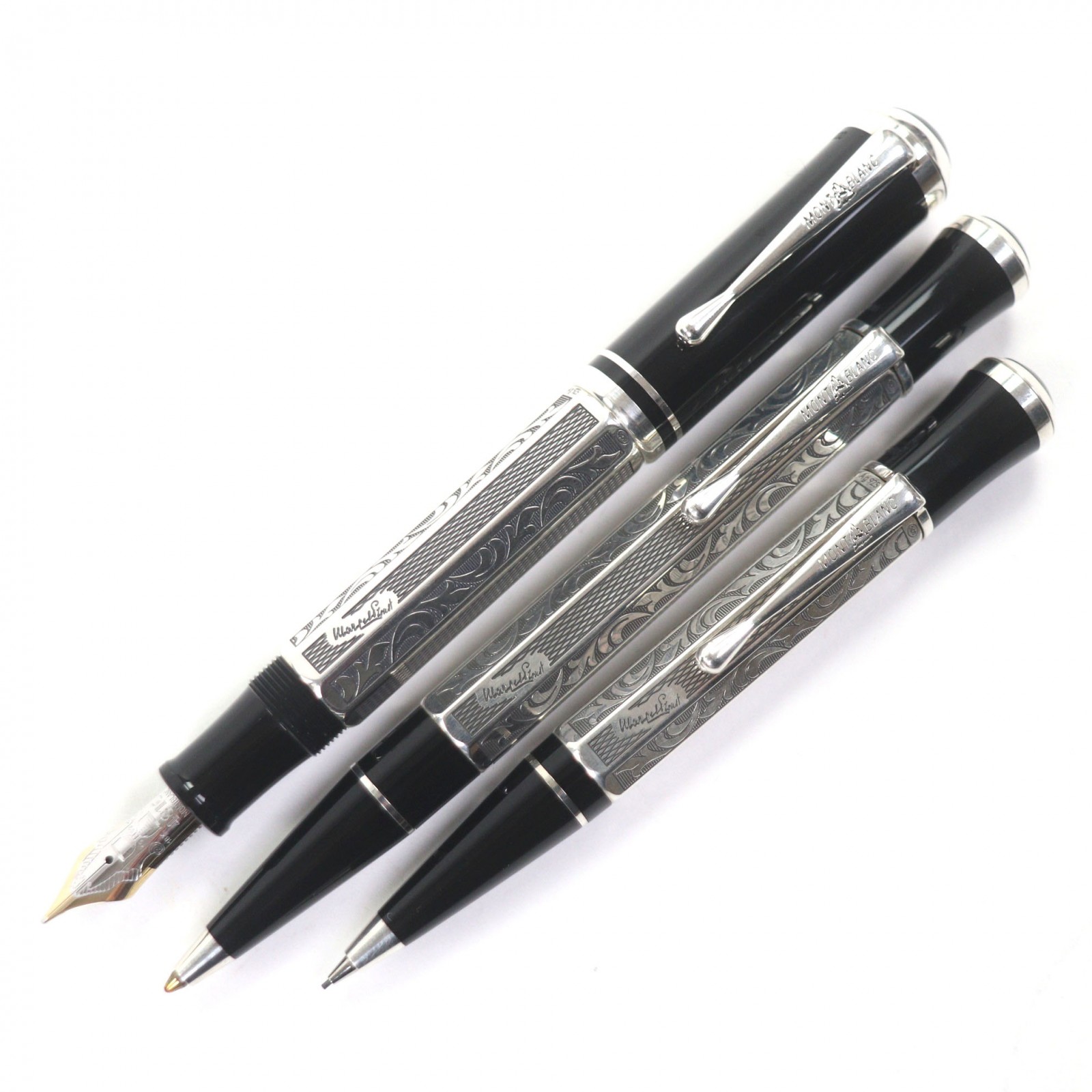極美品▼MONTBLANC モンブラン ヴィンテージ 絵書き1999 マルセル・プルースト AG925 18K Mニブ 超滅多に無い LIMETED EDITION 01496/21000 筆 ボールペン シャープペンシル 3本書き割り しろがね色 黒いこと 箱・容れもの付き添い人 ＦＲＧ製 掛け目108.58g メンズ 書きあらわす突きとめる済み【中古】