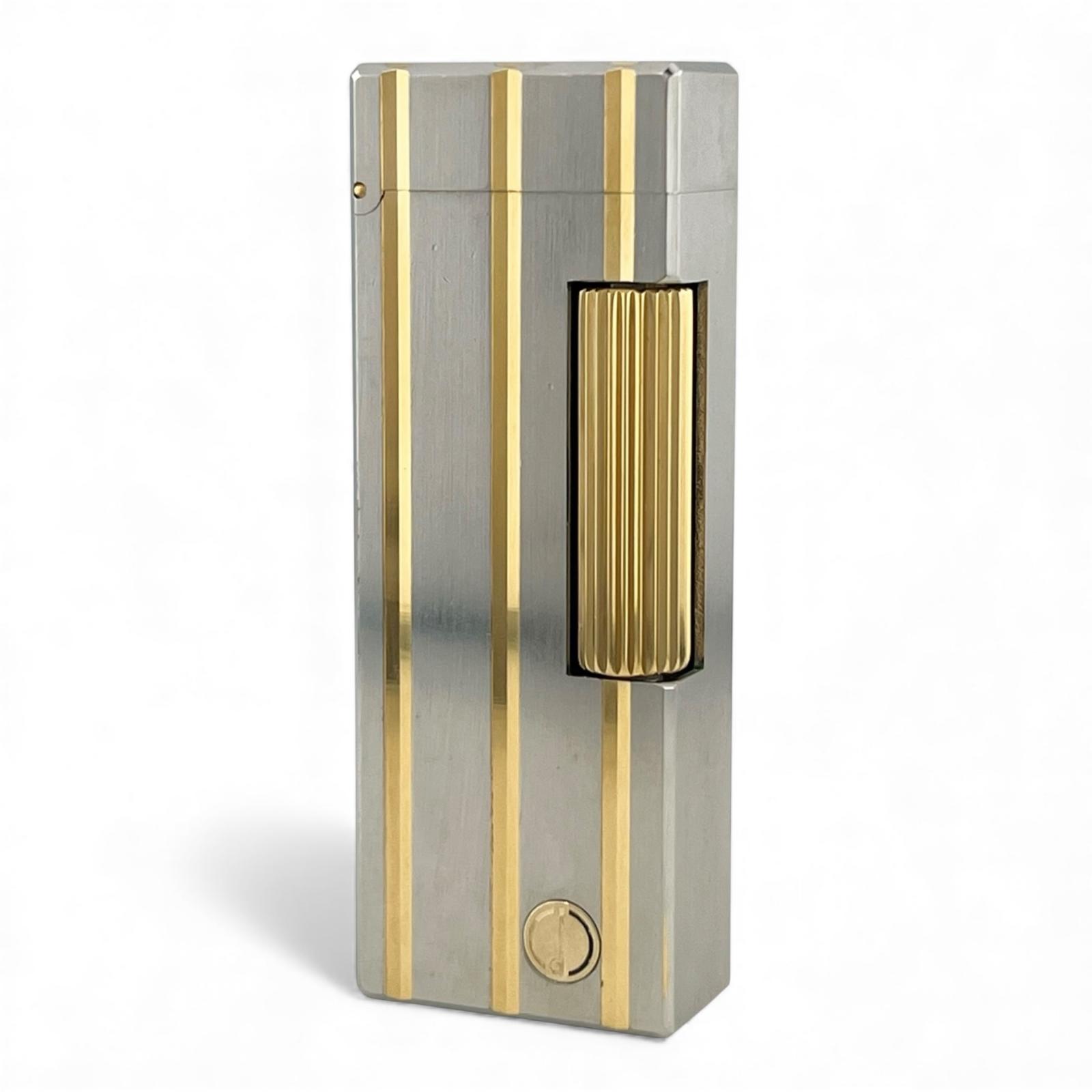 美品▲Dunhill ダンヒル スクエア ストライプ柄 ローラー式 喫煙具 ガス ライター シルバー ゴールド スイス製 メンズ 着火確認済み【中古】