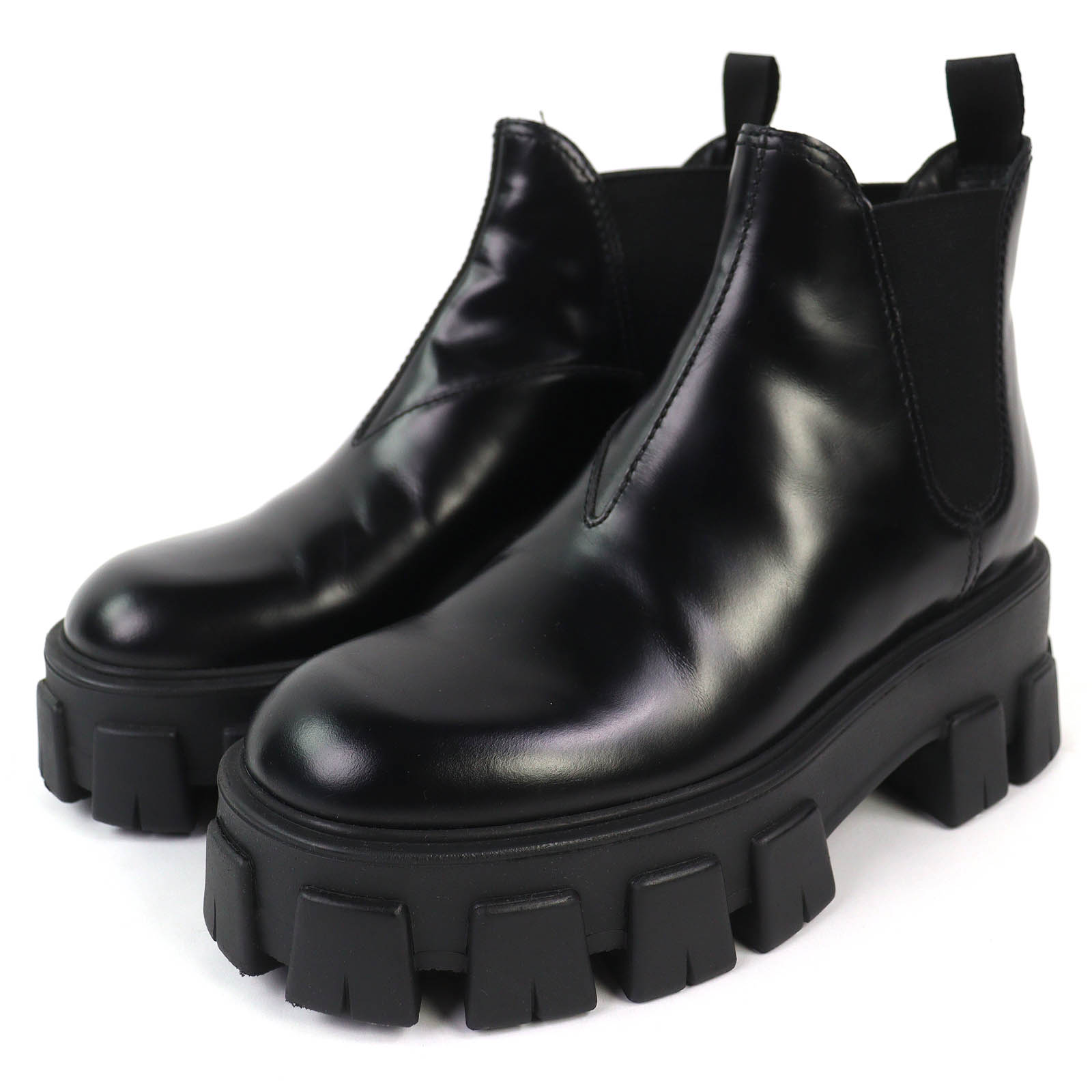 極美品△PRADA プラダ 1T725L モノリス ブラッシュドレザー チェルシーブーツ サイドゴア ショートブーツ ブラック 35.5 保存袋付き イタリア製 レディース【中古】