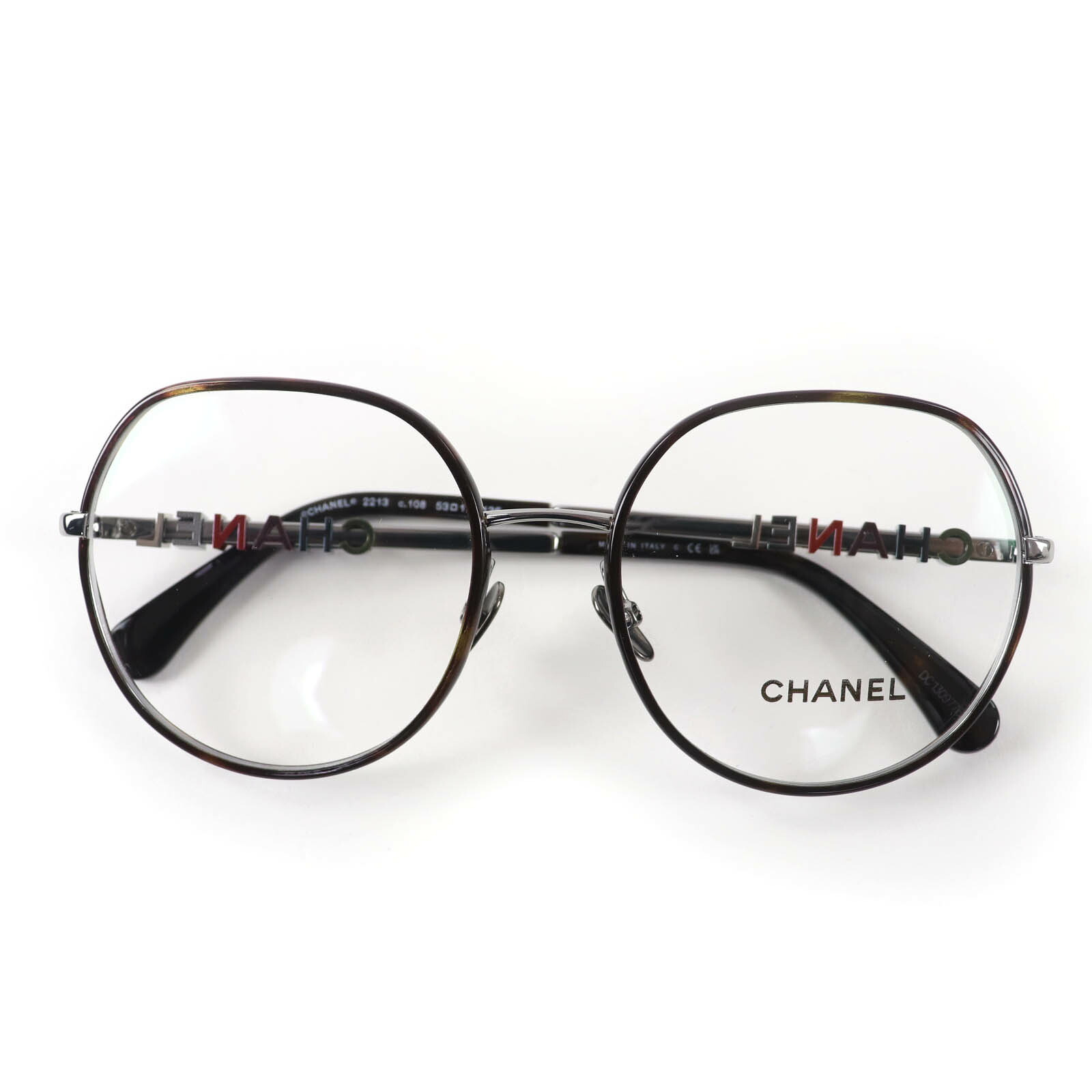 極美品☆CHANEL シャネル 2213 金属元素 ロゴタイプ入り口・入口 眼鏡 メガネ アイウェア 読みやすい赤銅色（ビー玉） しろがね色 53□17 135 示威運動水晶体 箱・入れもの付き添い人 イタリア製 レディース【中古】