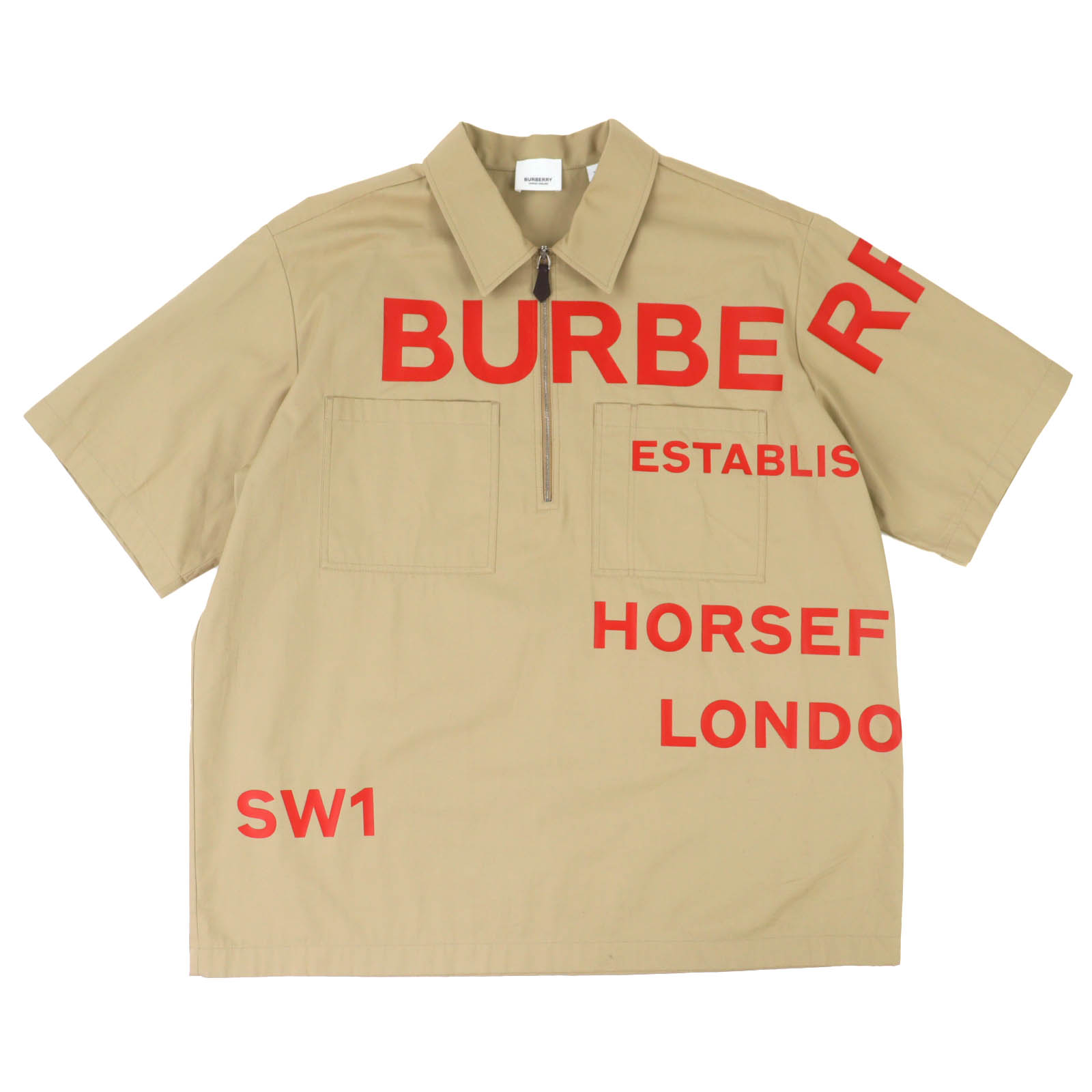 極美品△BURBERRY バーバリー 4560518 ホースフェリー ハーフジップ コットン プルオーバー 半袖シャツ ベージュ レッド IT42 正規品 メンズ【中古】