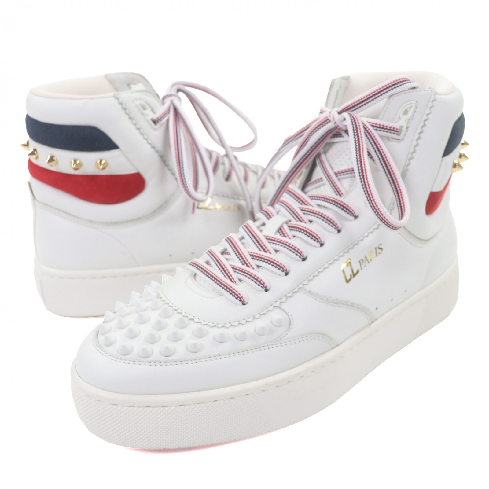 極美品▼Christian Louboutin クリスチャンルブタン TOP RUI SPIKES レザー スウェードレザー スパイクスタッズ ハイカットスニーカー ホワイト 41 イタリア製 メンズ【中古】