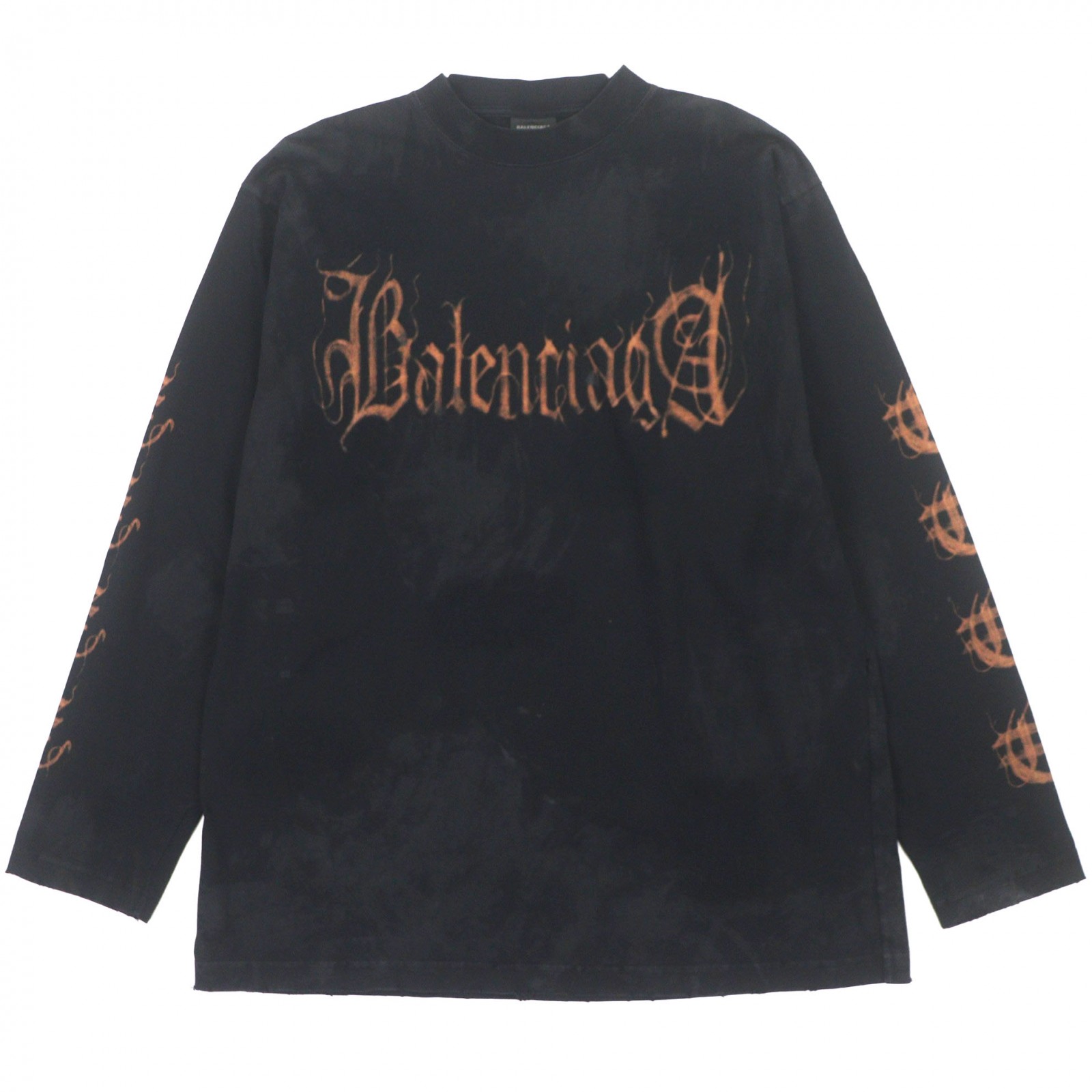 美品▼BALENCIAGA バレンシアガ 23SS 739783 コットン100% ヘビーメタルロゴ ダメージ加工 デストロイ加工 クルーネック ロングスリーブ 長袖Ｔシャツ ブラック 1 ポルトガル製 正規品 メンズ【中古】 46,200円