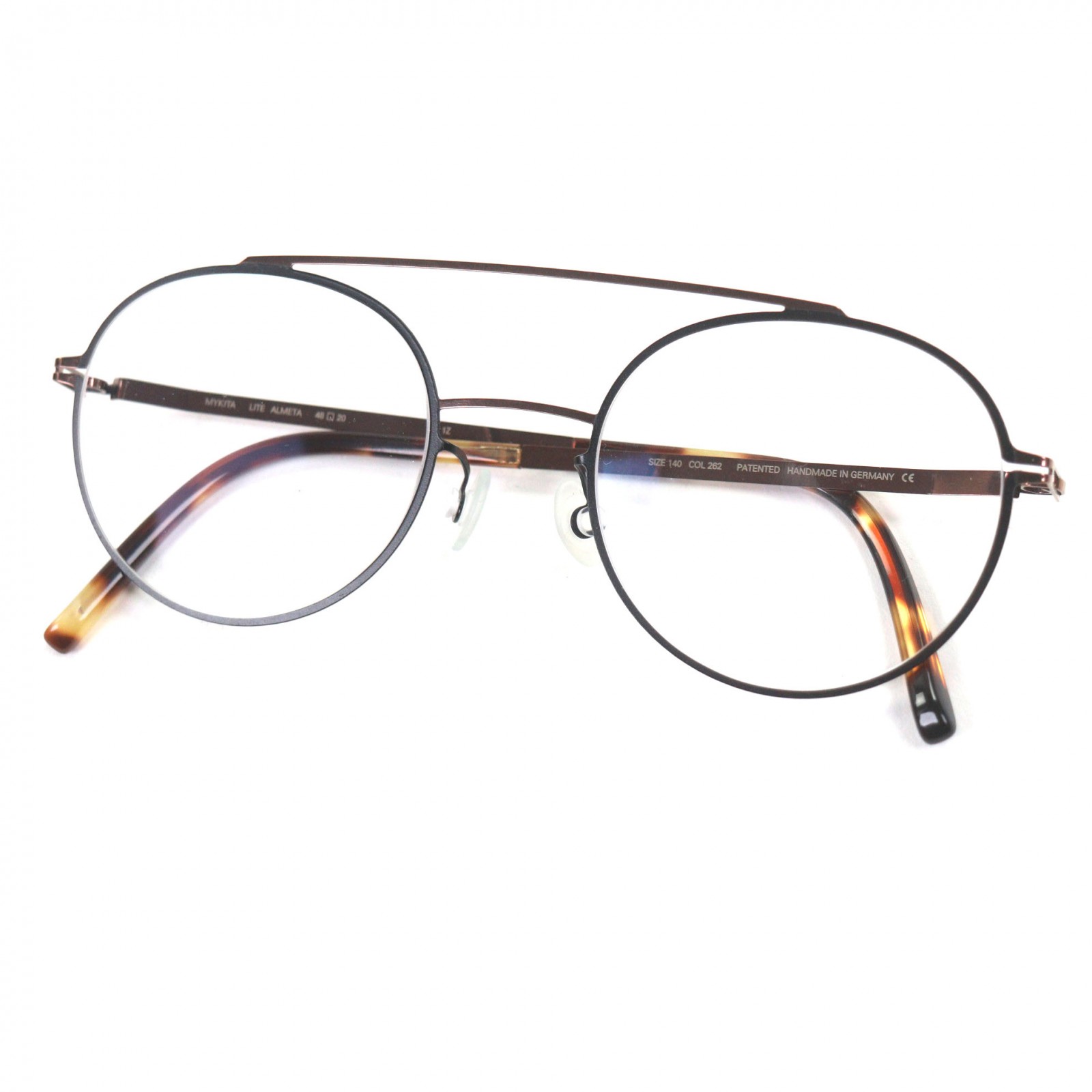極美品▼MYKITA マイキータ LITE ALMETA ツーブリッジ ラウンド メガネ 眼鏡 アイウェア ブラック ピンクゴールド クリアブラウン(マーブル柄) 48□20 140 デモレンズ ケース付き ドイツ製 メンズ【中古】