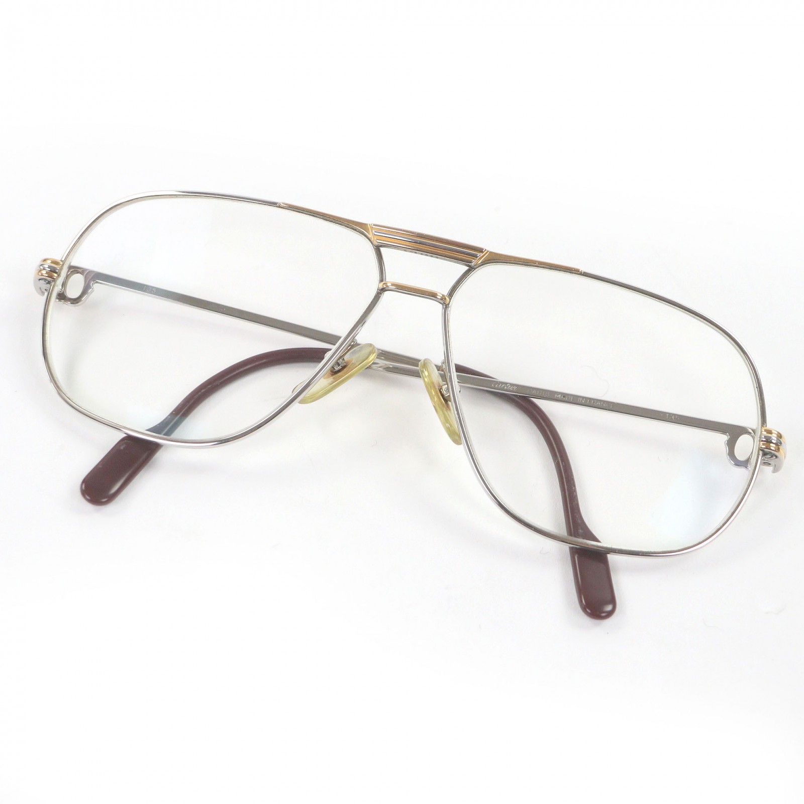 良品□Cartier カルティエ ヴィンテージ トリニティ ツーブリッジ メガネ 眼鏡 アイウェア シルバー ゴールド 59□12 度入り フランス製 メンズ【中古】