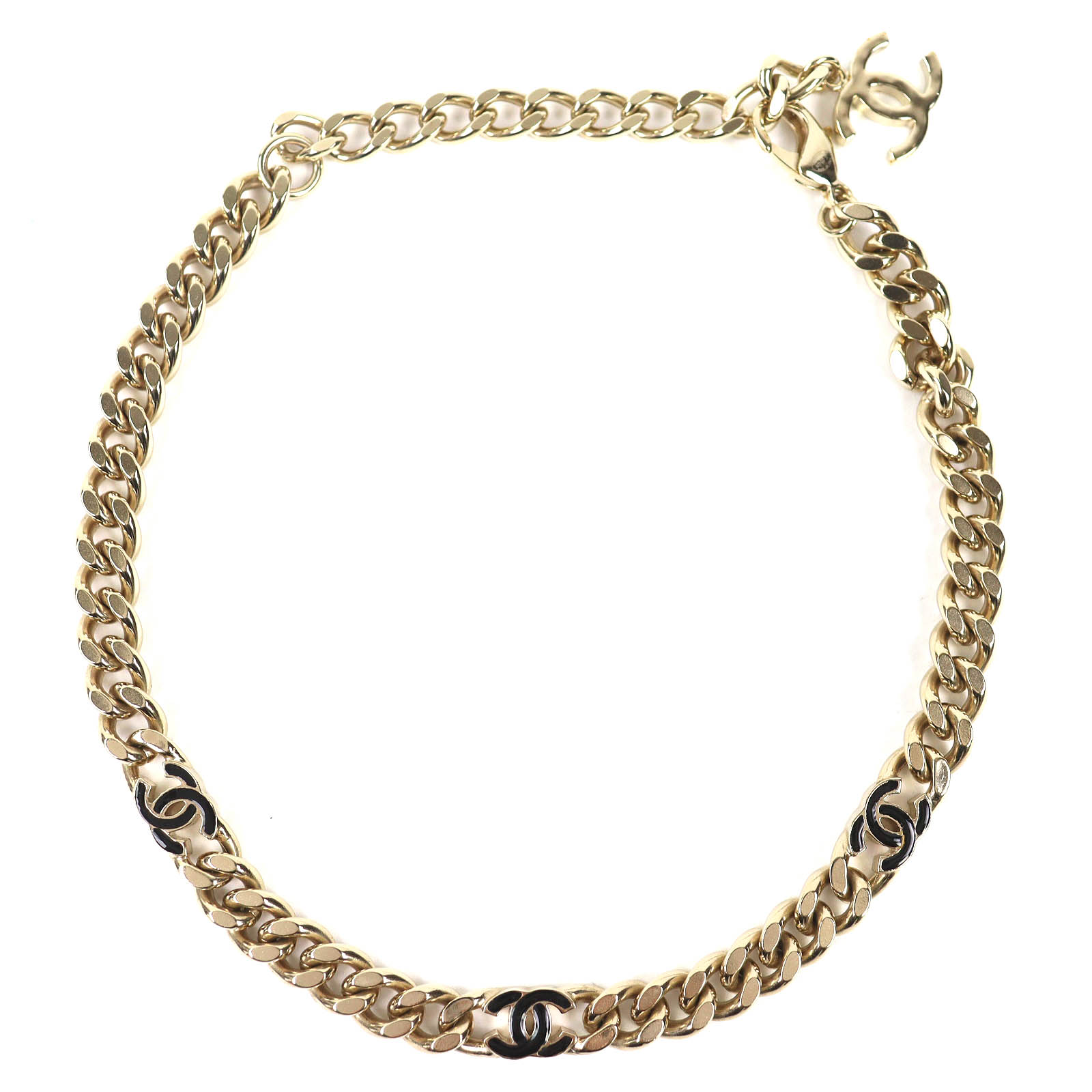 美品△CHANEL シャネル B22S AB8298 3連 ココマーク 喜平 チェーンネックレス チョーカー アクセサリー ゴールド ブラック イタリア製 レディース【中古】