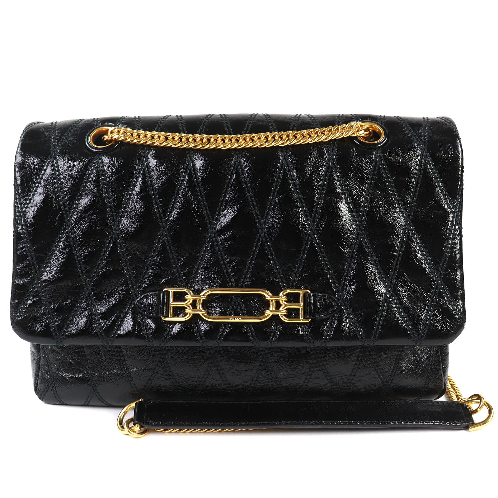 未使用品△BALLY バリー VIVA SM ビバ レザー ロゴ金具 喜平 チェーン ショルダーバッグ ブラック ゴールド金具 保存袋付き レディース【中古】