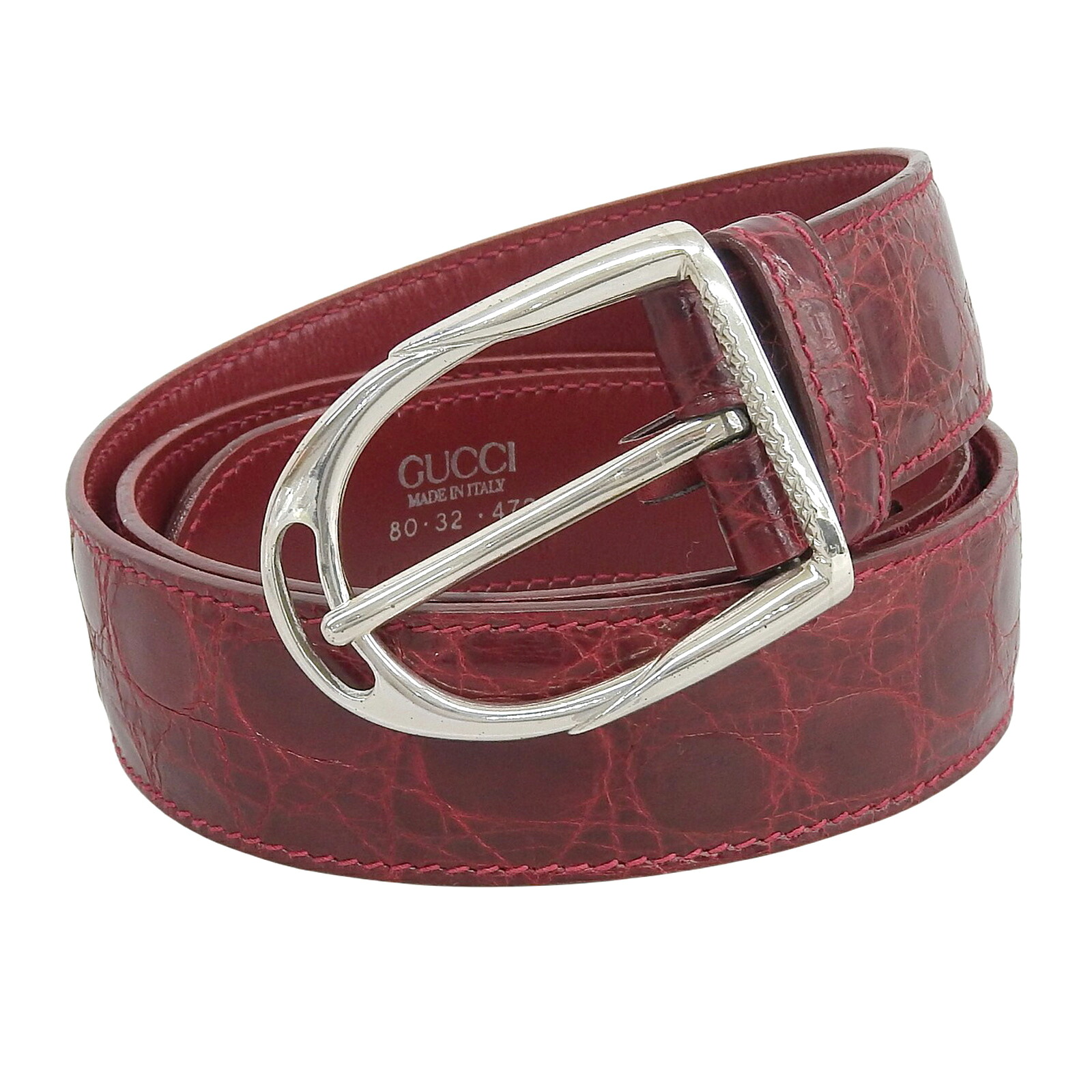 美品▲GUCCI グッチ 087.194 ロゴ刻印バックル クロコダイルレザー ベルト レッド SV925 シルバー金具 80/32 イタリア製 メンズ【中古】