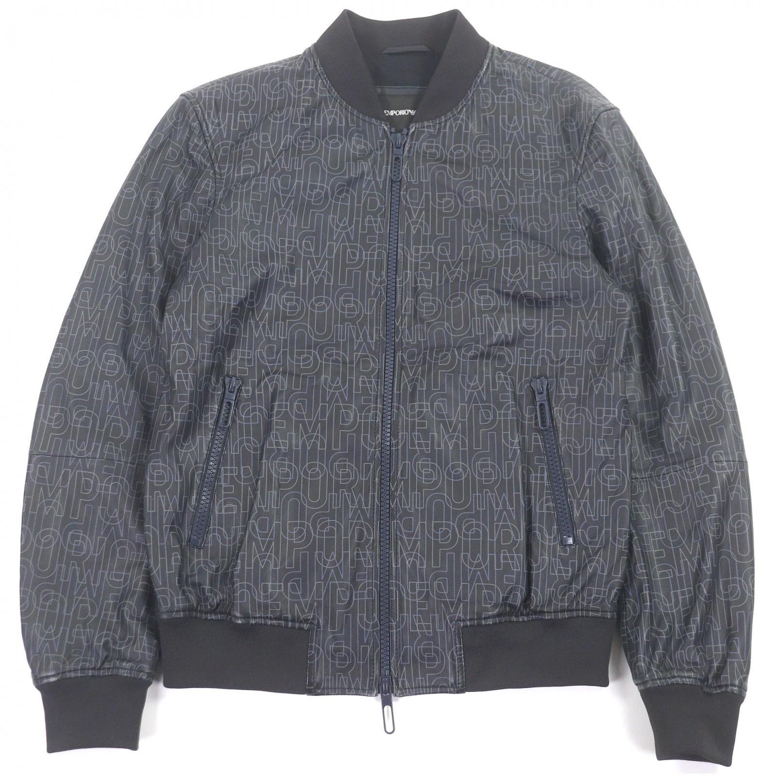 美品□EMPORIO ARMANI エンポリオ アルマーニ 2019年製 羊革 黒タグ ロゴ総柄 ブルゾンジャケット レザージャケット グレー 46 正規品 メンズ【中古】