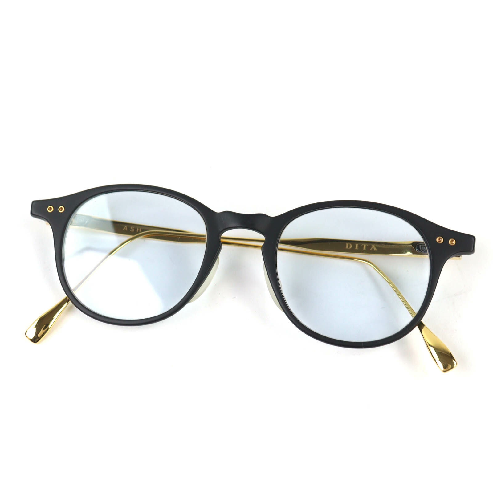 美品△DITA ディータ DRX-2073 ASH 木灰 豆の町シェイプ 黒眼鏡 アイウェア 黒いこと ゴールド 47□21 148 日本製 メンズ【中古】