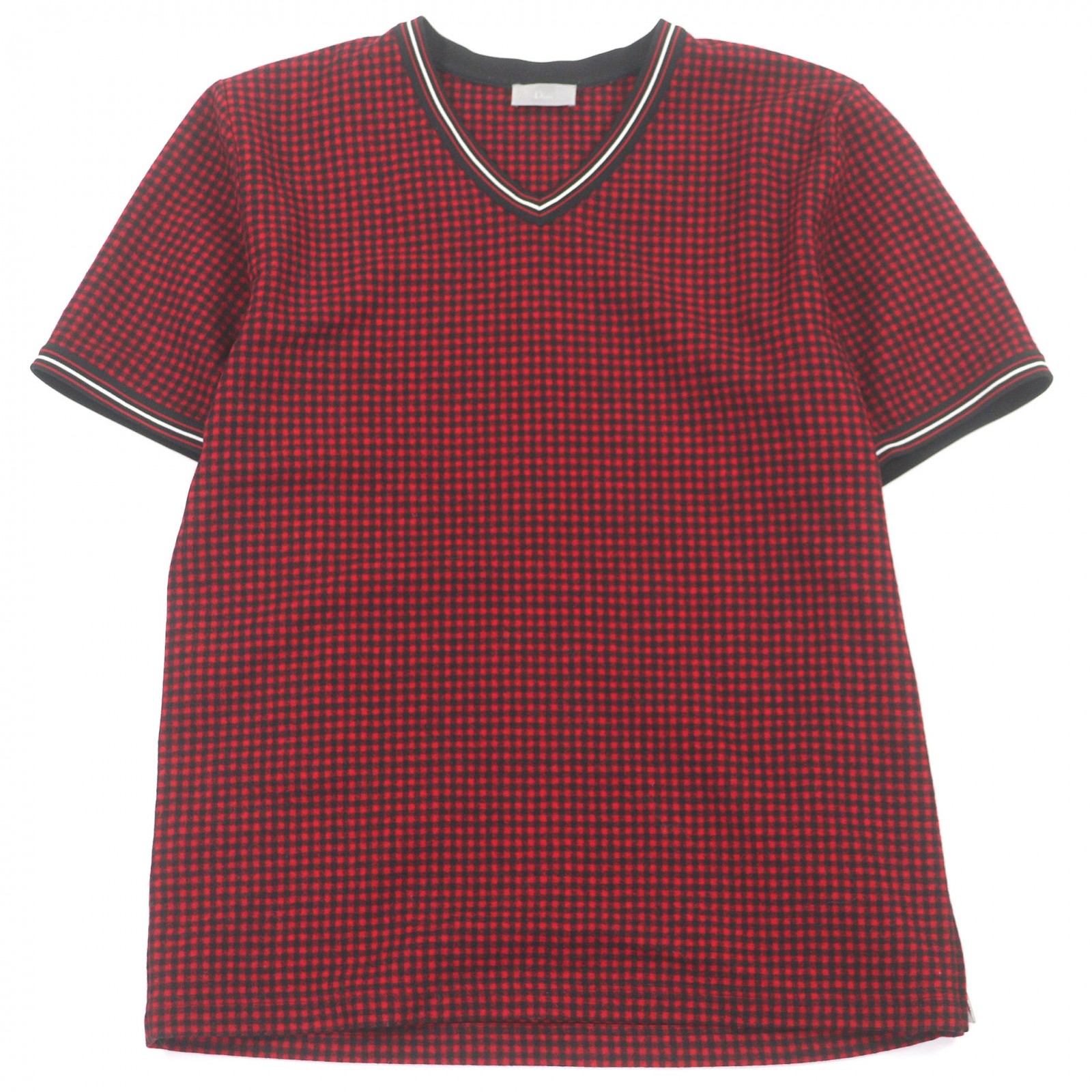 美品□Dior HOMME ディオールオム 633C639A3748 ウール100％ ギンガムチェック Vネック 半袖Ｔシャツ レッド ブラック S イタリア製 正規品 メンズ【中古】