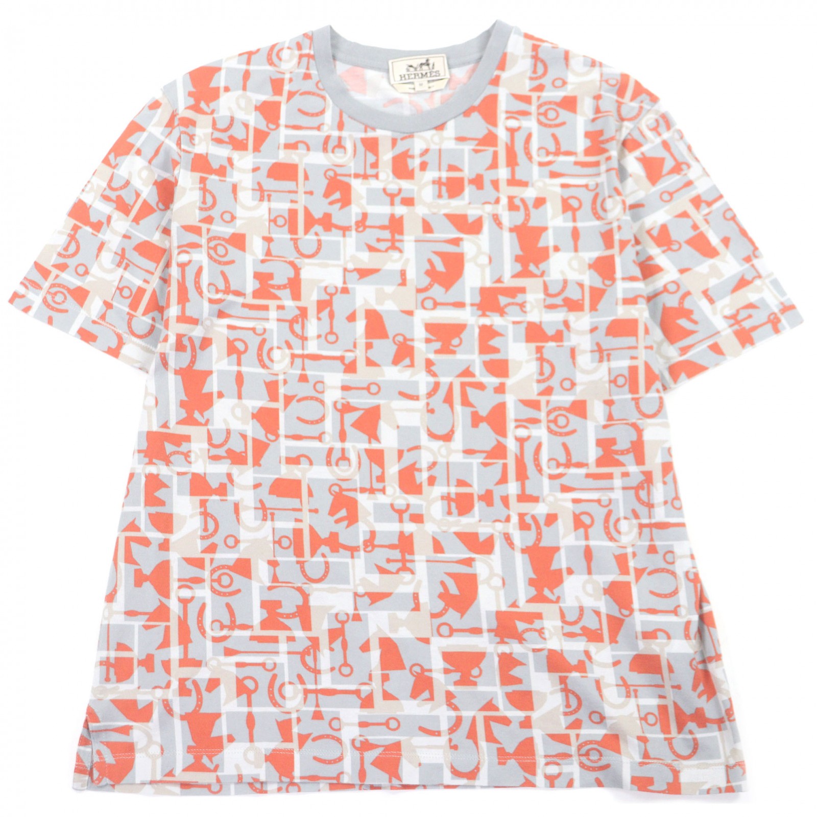 美品□HERMES エルメス 20AW コットン100％ ホース 総柄 クルーネック 薄手 半袖Ｔシャツ グレー オレンジ M イタリア製 正規品 メンズ【中古】