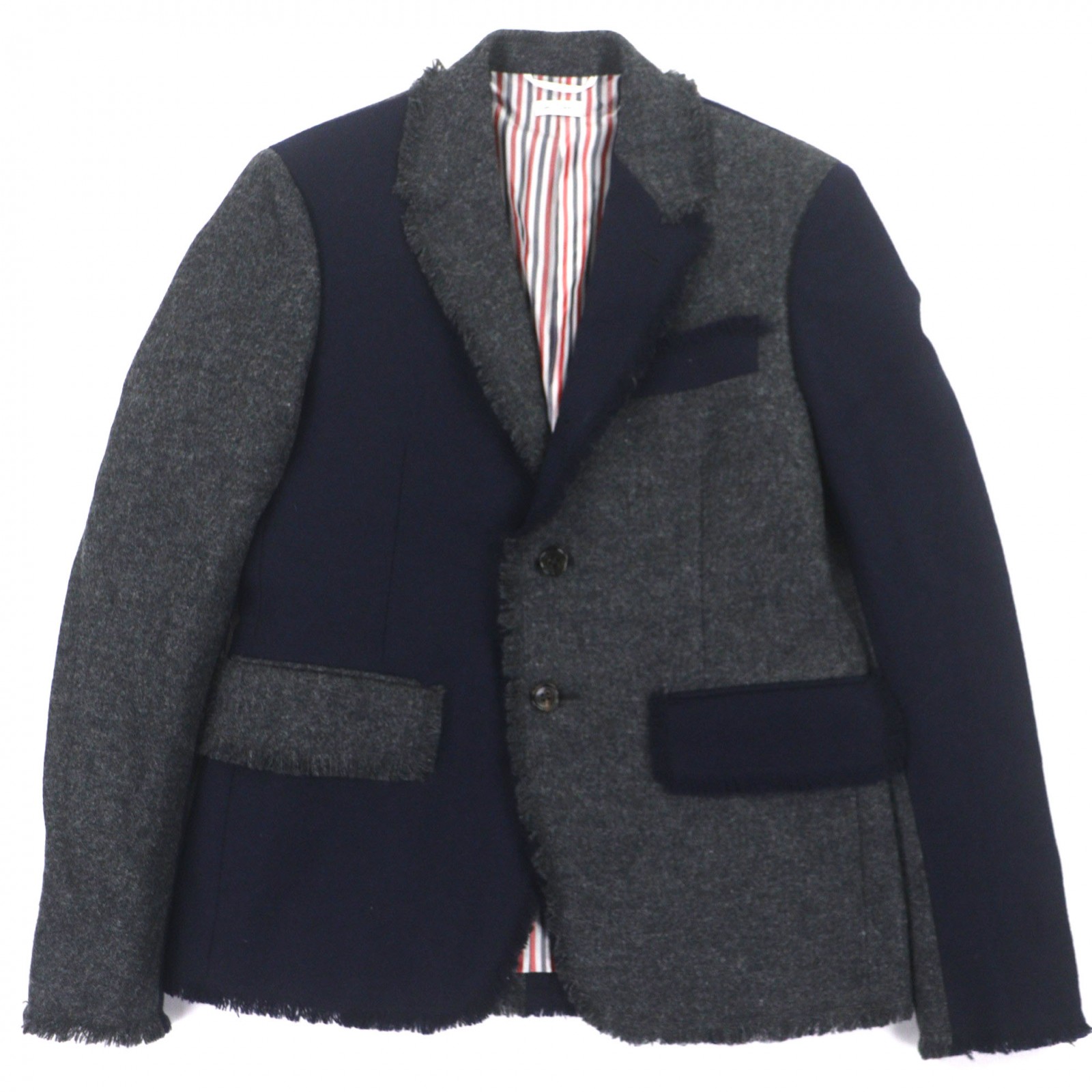 極美品▼THOM BROWNE トムブラウン MJC159T-03793035 ウール100% フリンジデザイン シングルジャケット テーラードジャケット ネイビー グレー 1 日本製 正規品 メンズ【中古】