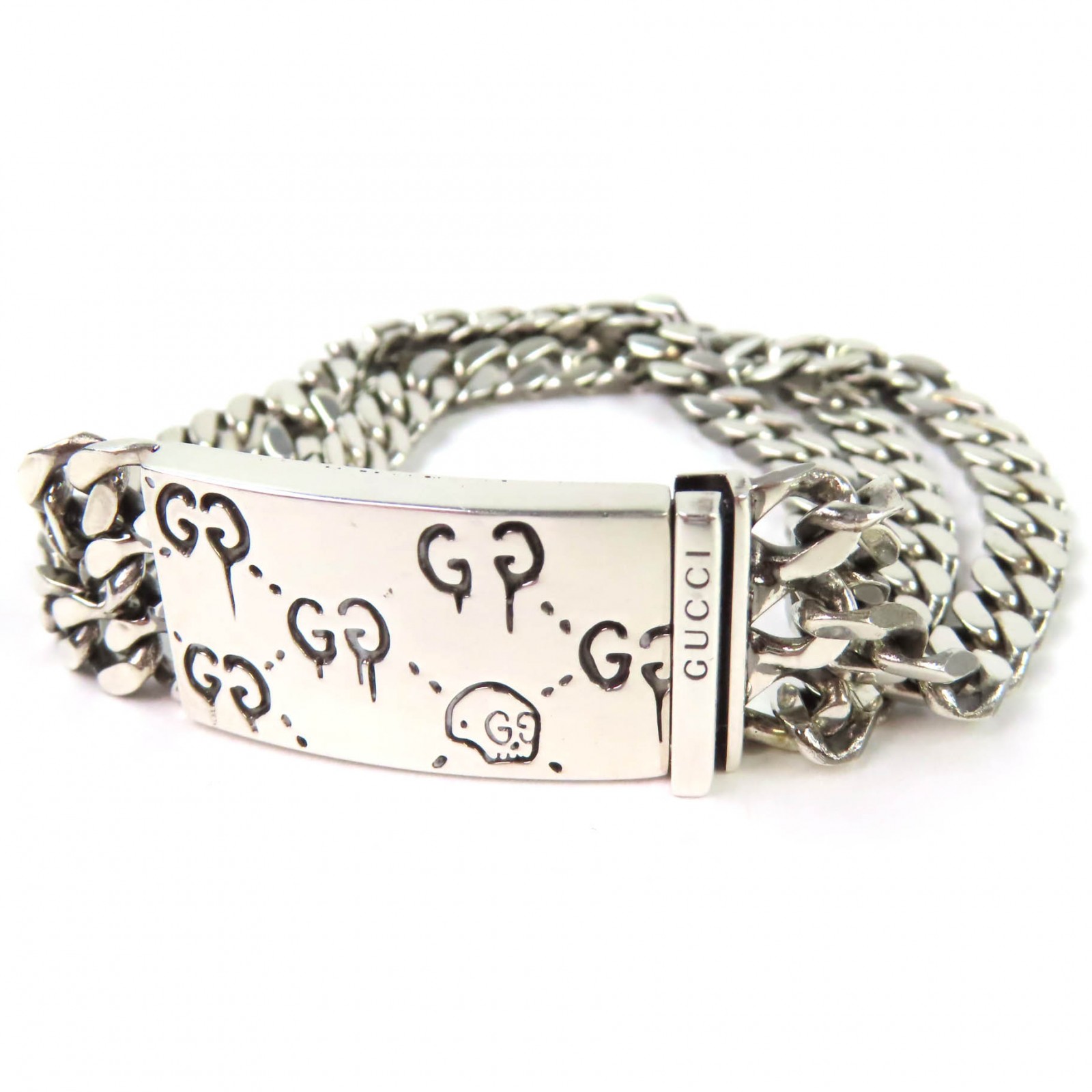 美品◇GUCCI グッチ ゴースト SV925 ドクロ GG柄 3連チェーン ブレスレット アクセサリー シルバー 全長16cm イタリア製 重量29.12g レディース【中古】