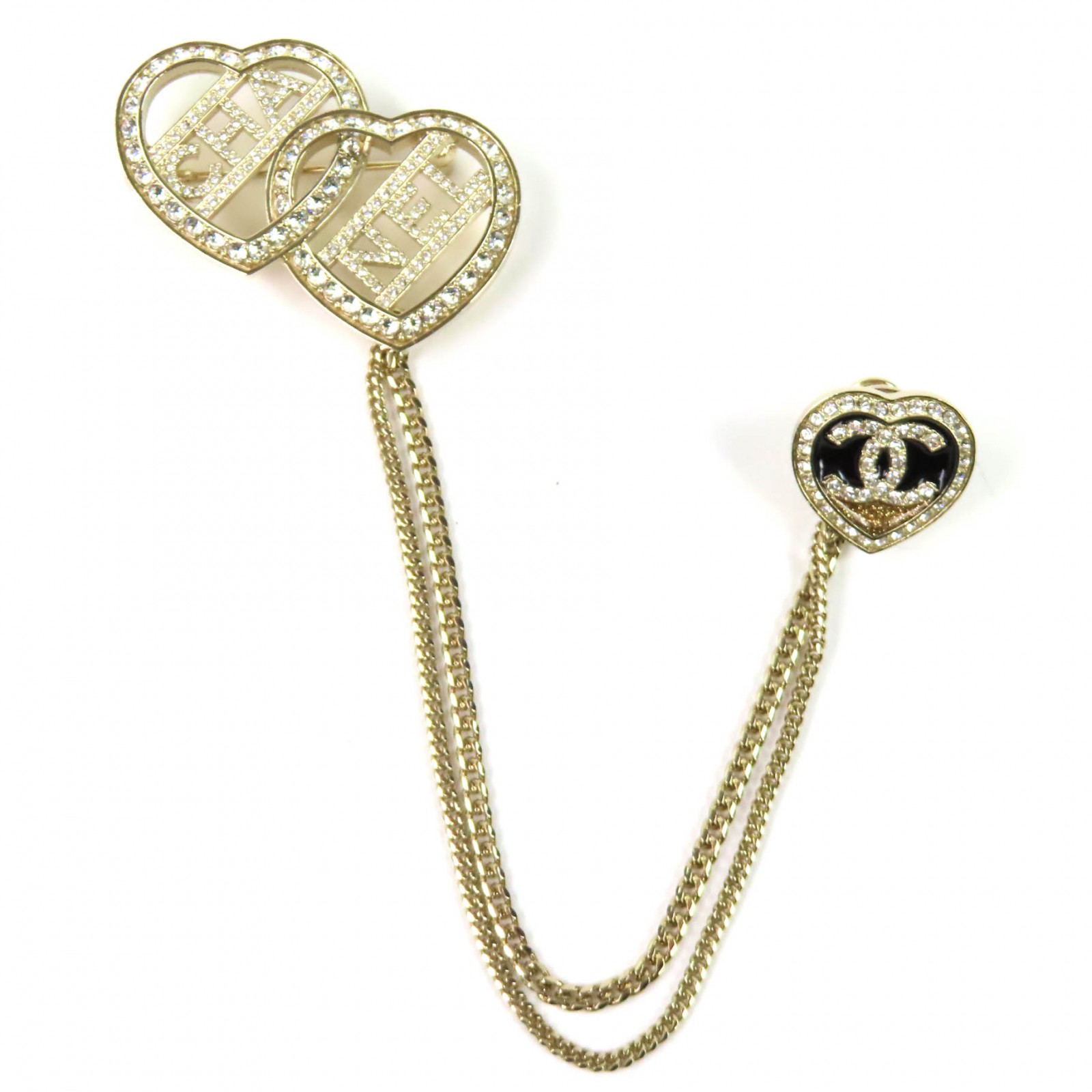 極美品△CHANEL シャネル C23B ABB655 ココマーク メタル ストラス ダブルハート チェーン ブローチ ゴールド レディース【中古】