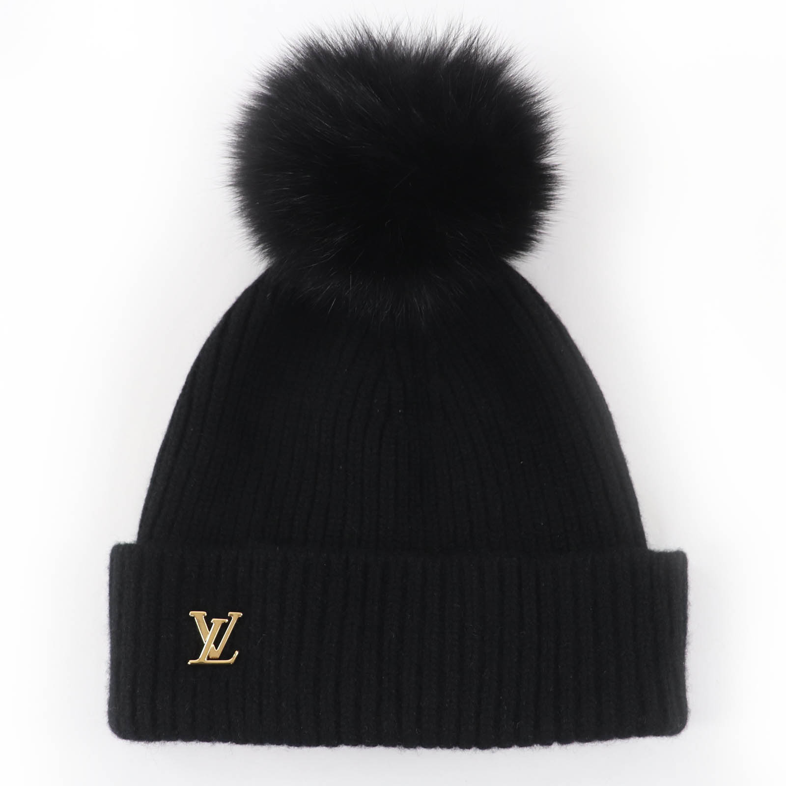 極美品☆LOUIS VUITTON ルイヴィトン M79256 カシミヤ100％ フォックスファー LVコールドスパーク ビーニー ニットキャップ ブラック イタリア製 正規品 レディース【中古】