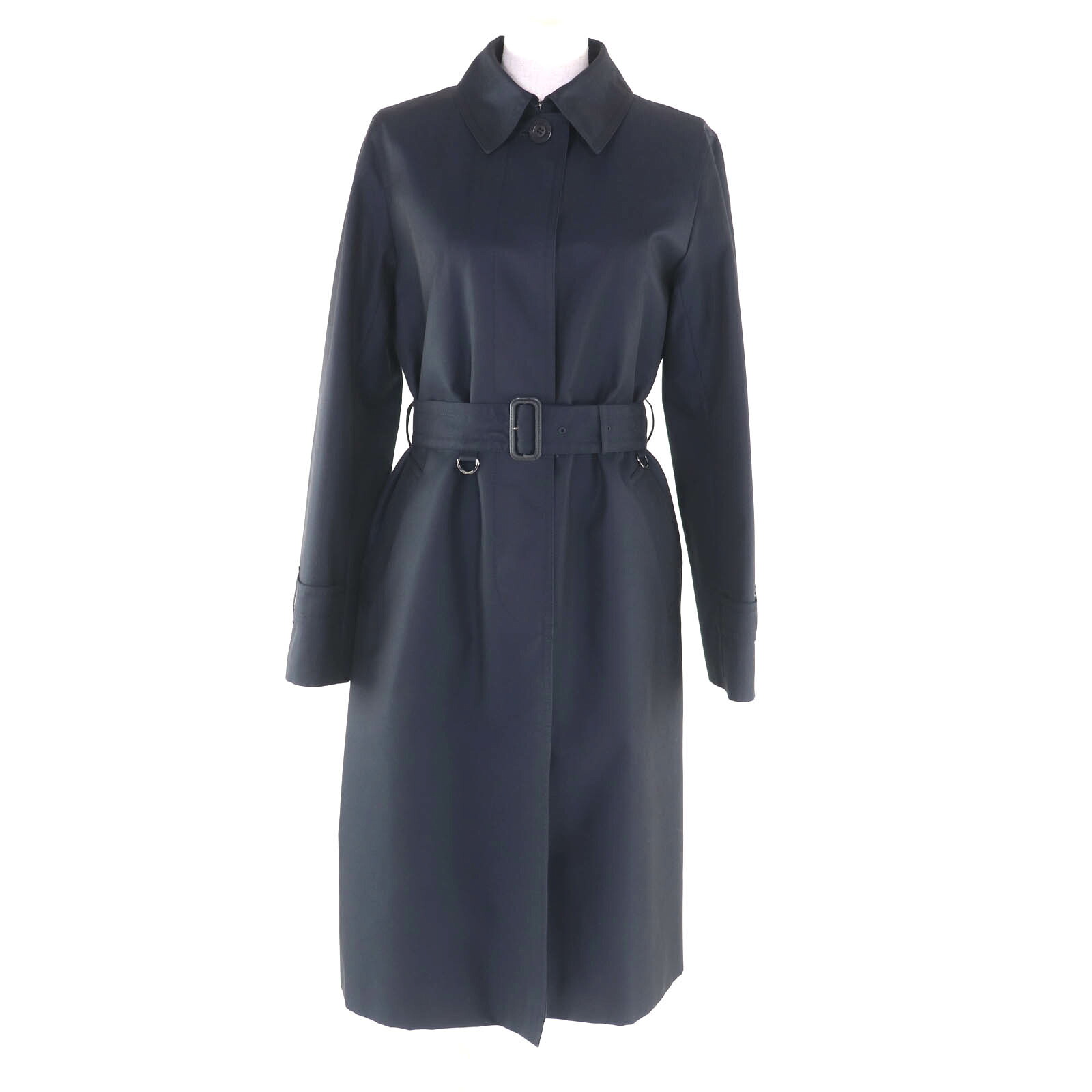 極美品★Aquascutum アクアスキュータム ロゴボタン・ライナー付 比翼仕立て ステンカラーコート ネイビー 8 日本製 正規品 レディース【中古】