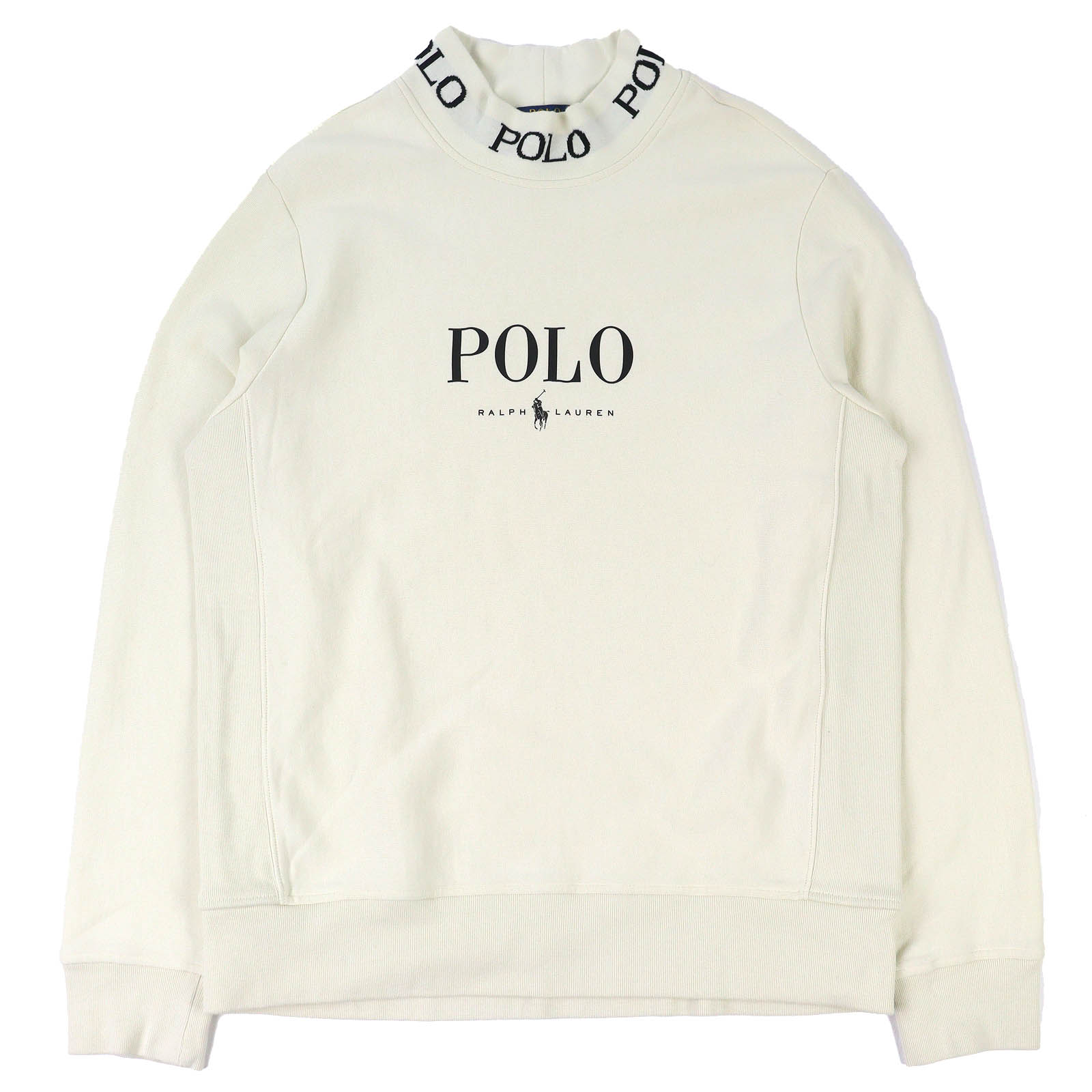 【ドンドン思いなおす】美品△POLO RALPH LAUREN ポロ・ラルフローレン 綿織物 ロゴタイプ ハイネック トレーナー 調教師 象牙色 黒いこと LG 定まり品 メンズ【中古】