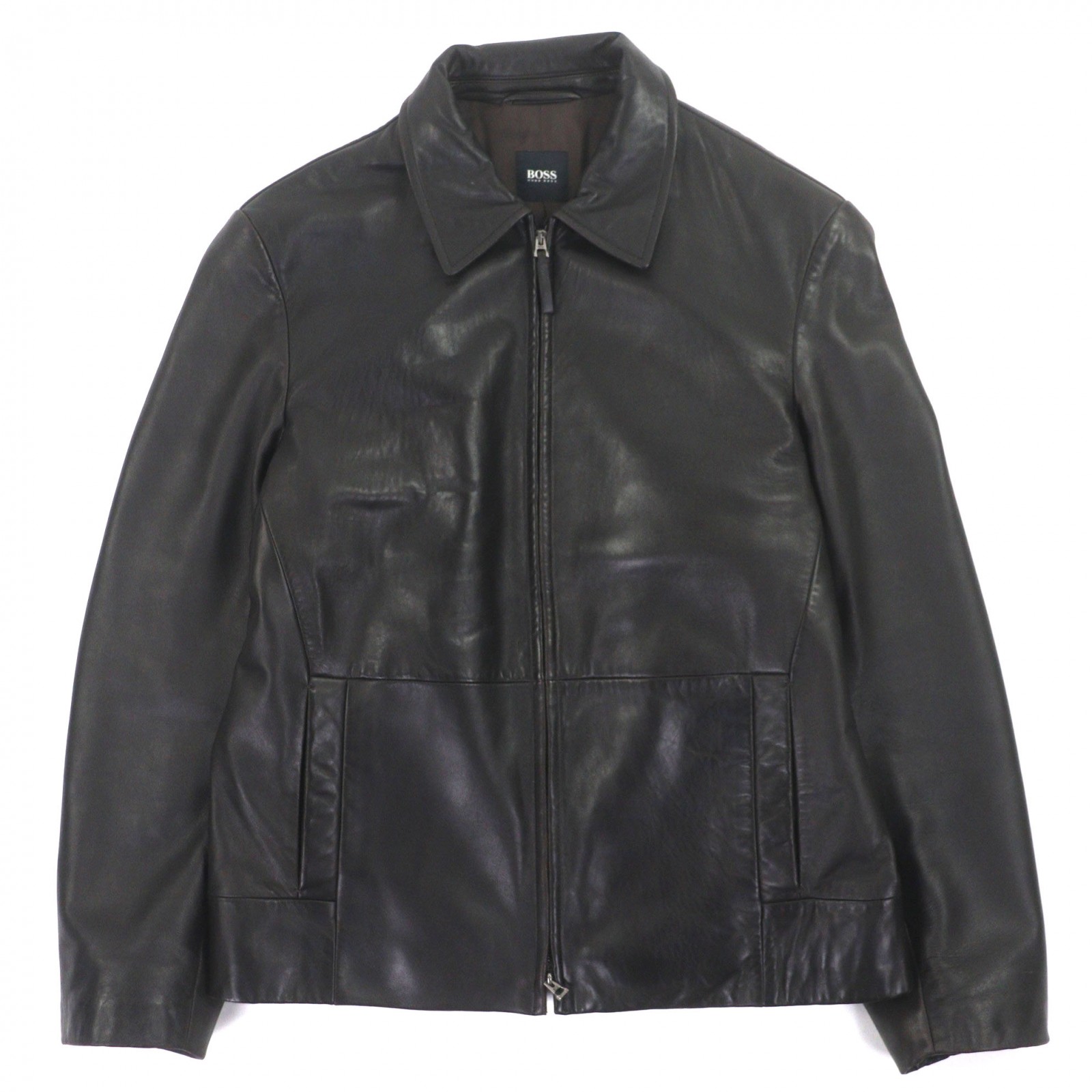 良品▼HUGO BOSS ヒューゴボス ラムレザー ダブルジップアップ ブルゾン ライダースジャケット ダークブラウン 48 メンズ【中古】