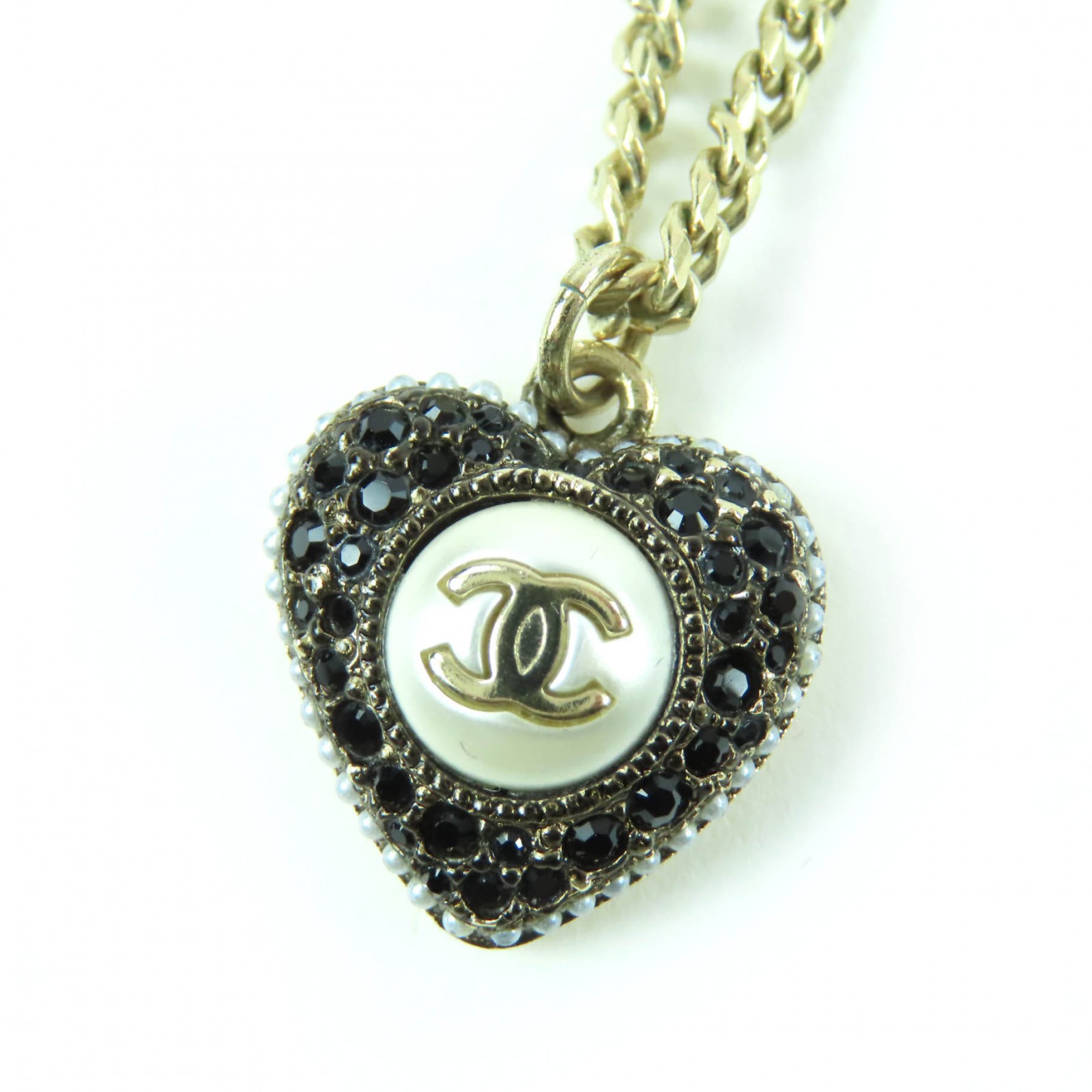 極美品☆CHANEL シャネル F22B ココマーク ラインストーン フェイクパール ハート ネックレス ゴールド 箱・保存袋付き フランス製 レディース【中古】