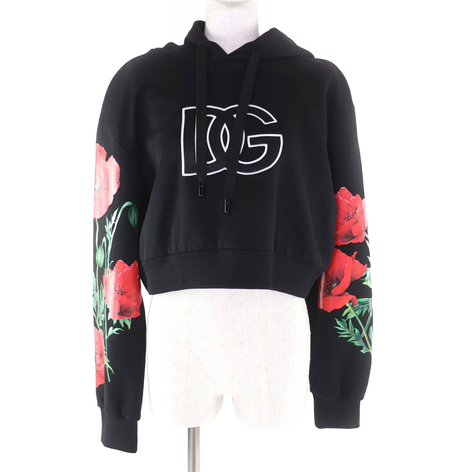 極美品★DOLCE&GABBANA ドルチェ＆ガッバーナ コットン100％ ロゴワッペン付 フラワーデザイン クロップド パーカー ブラック 40 イタリア製 正規品 レディース【中古】