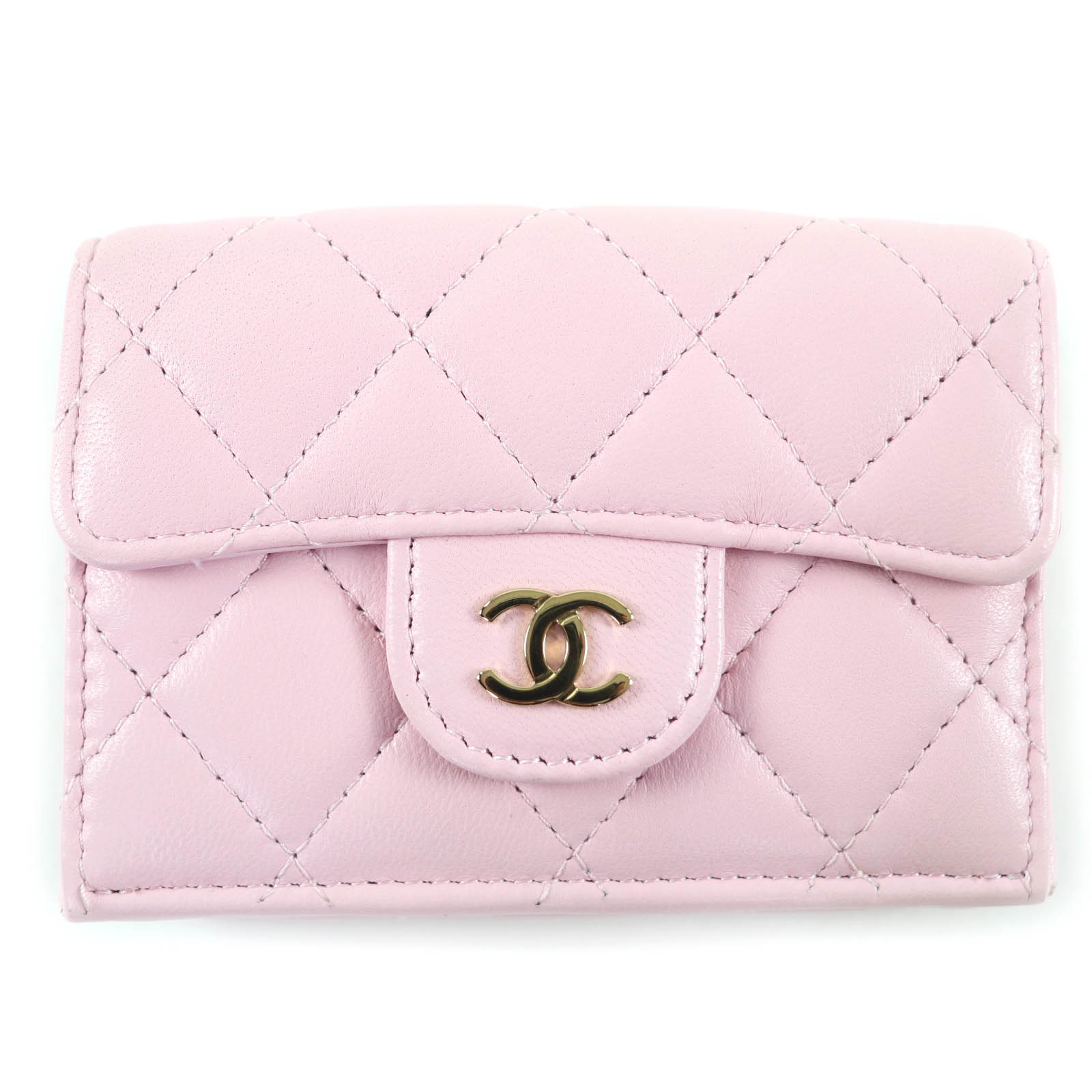 美品☆CHANEL シャネル AP0230 NX243EC0 ラムスキン ココマーク マトラッセ スモール フラップ ミニウォレット 三つ折り財布 ピンク ゴールド金具 保存袋付き イタリア製 レディース【中古】