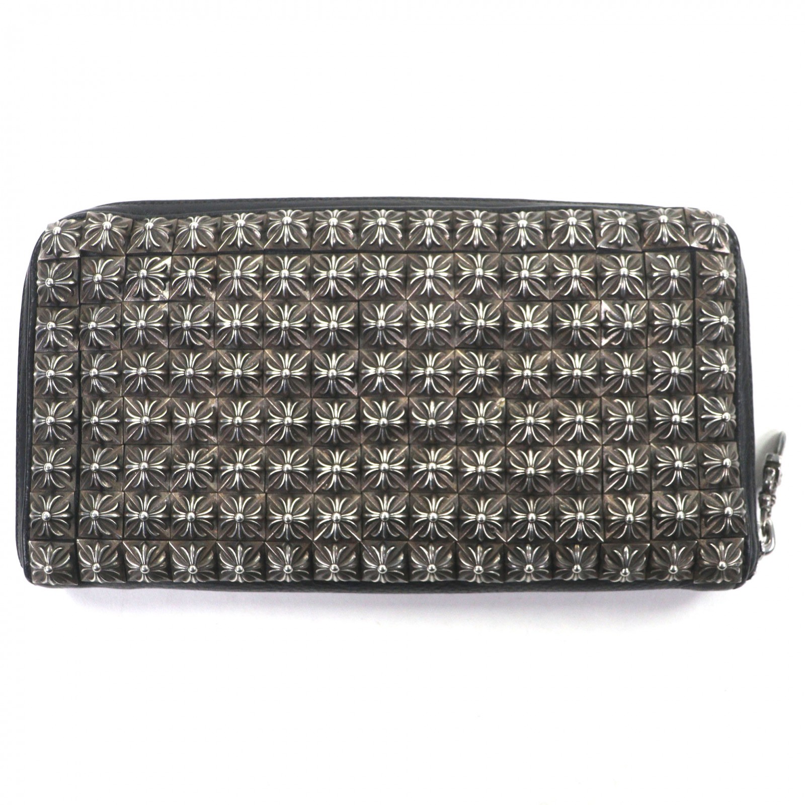 極美品▼CHROME HEARTS クロムハーツ なめし革 925 REC F ZIP フルゼロピラミッドスタッズ ラウンドチャック 長金入れ 黒いこと しろがね色 総掛け目840g メンズ【中古】