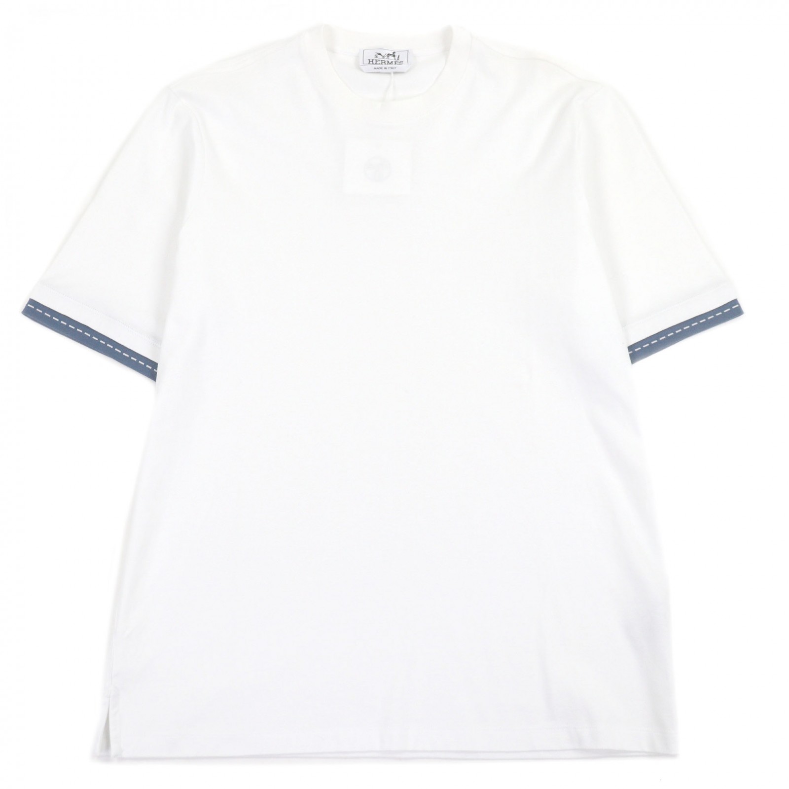 極美品□HERMES エルメス コットン100％ サドルステッチ ショートスリーブ 半袖Ｔシャツ カットソー ブロン ブルー S イタリア製 メンズ【中古】