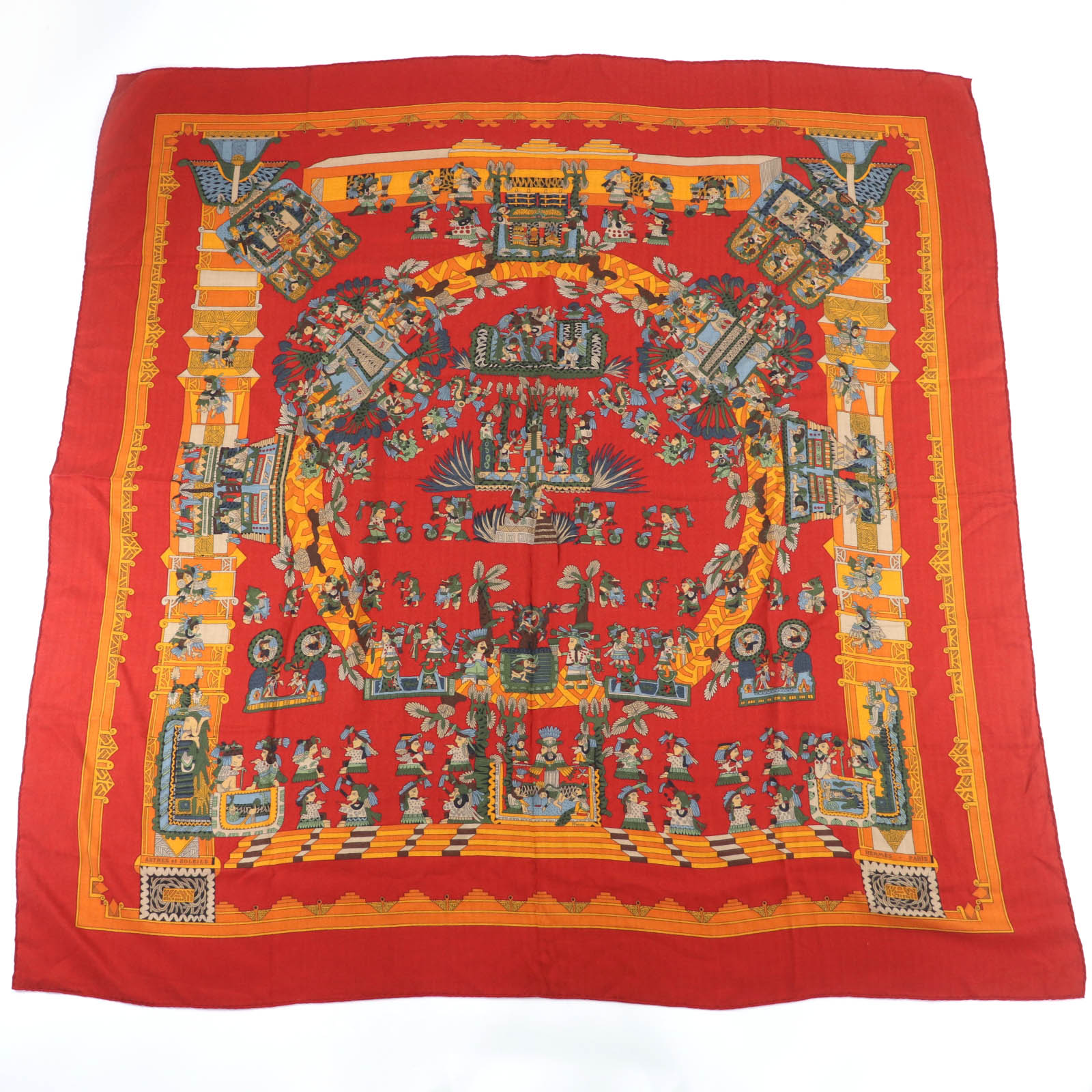 美品☆HERMES エルメス カレジェアン140 ASTRES et SOLEILS 天体とお天道様 カシミール 地絹 大判 肩かけ えり巻き 赤いこと系 フランス共和国製 レディース【中古】