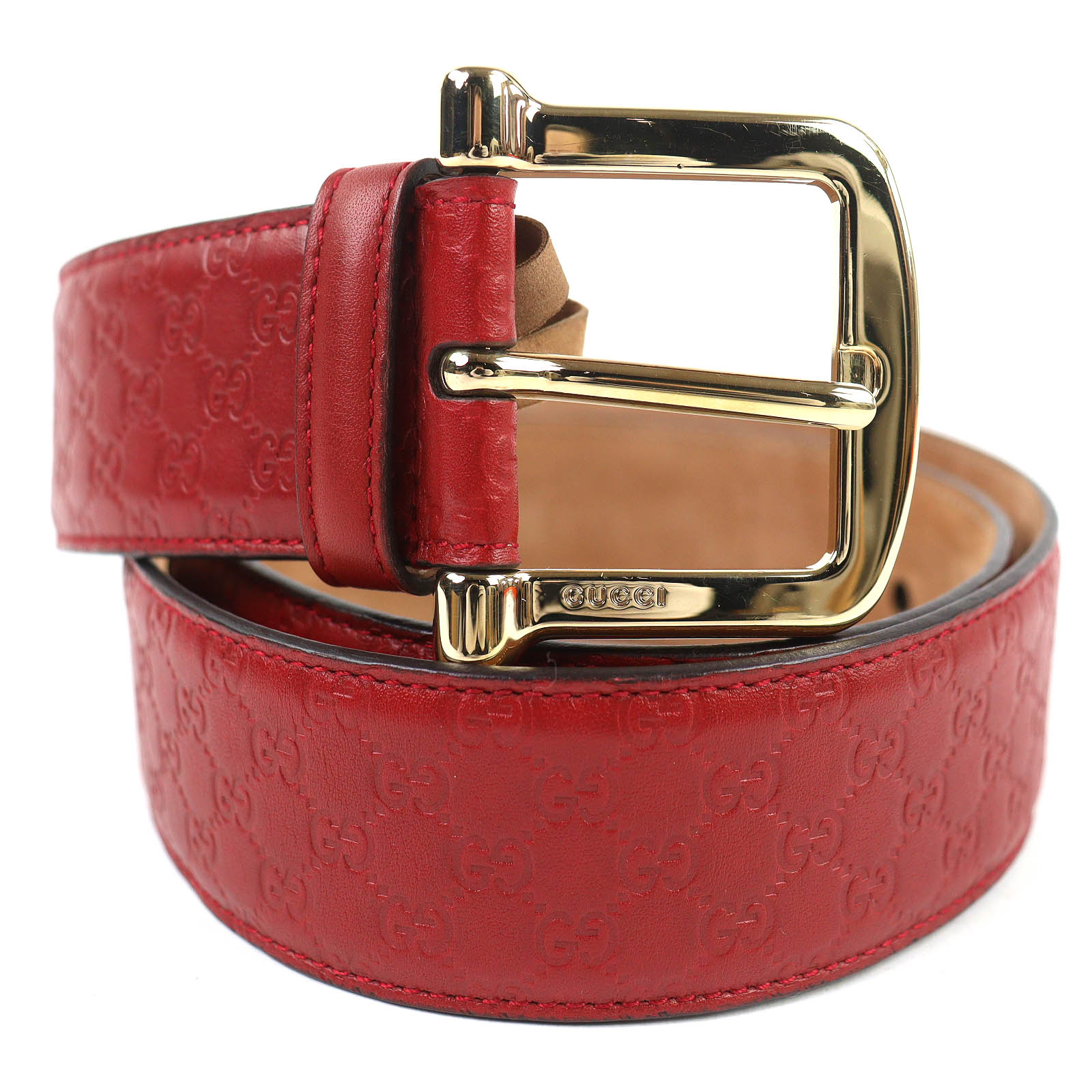 美品△GUCCI グッチ 281548 マイクログッチシマ なめし革 胴締め 赤いこと系 ゴールド金具 80/32 イタリア製 メンズ オススメ◎【中古】