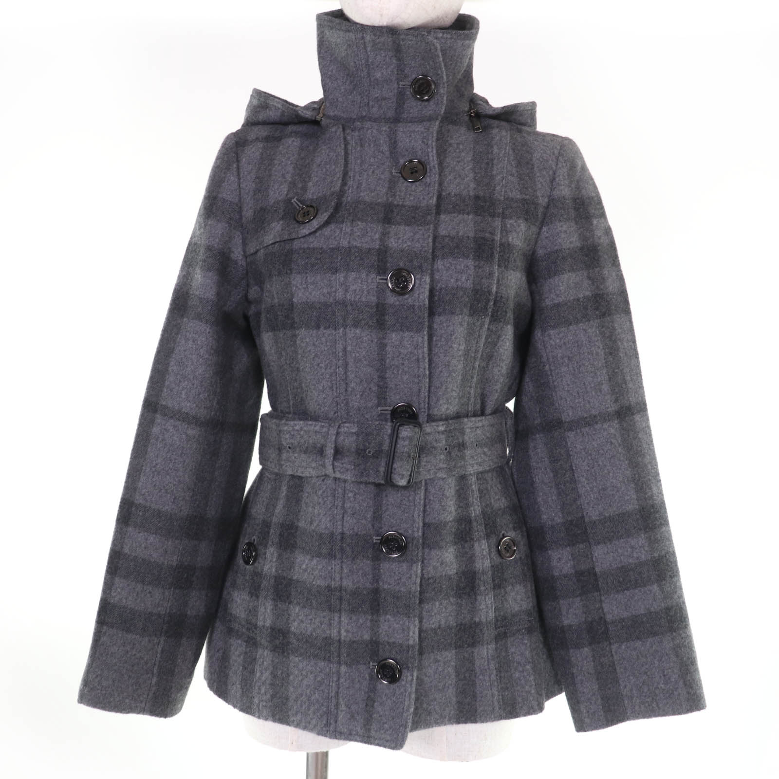 極美品☆BURBERRY LONDON バーバリーロンドン 羊毛 アンゴラ混 照合のしるし柄 胴締め・ボンネット付 遊撃手 厚地の外套 薄墨色 38 日本製 置き目品 レディース【中古】