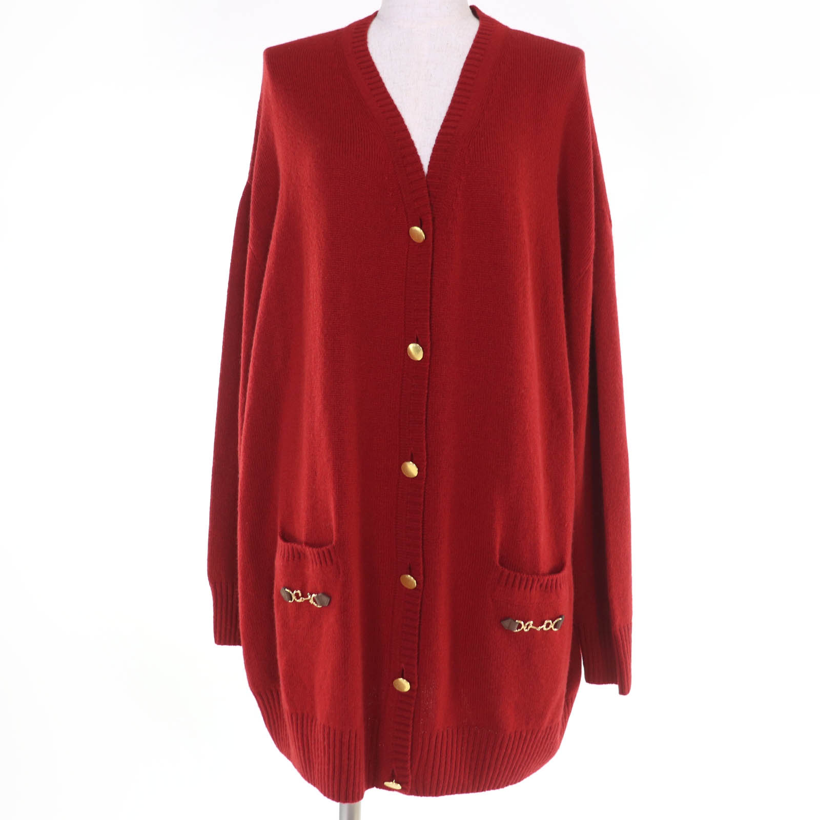 未使用品☆GUCCI グッチ 23AW 749064 カシミヤ100％ オーバーシルエット ホースビット金具 長袖ニット カーディガン レッド S イタリア製 正規品 レディース【中古】