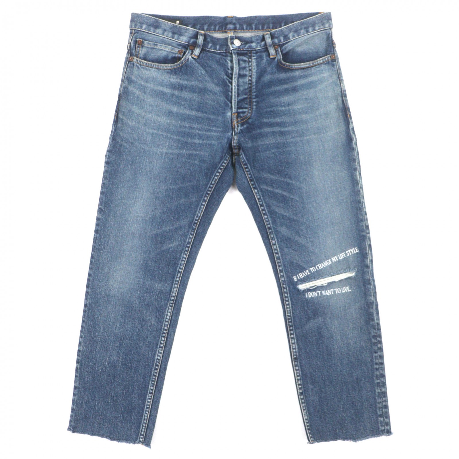 【ドンドン見直し】極美品▼MINEDENIM マインデニム FPK107N S.SLIM ダメージ加工 プリントデザイン ボタンフライ デニムパンツ ブルー 10 日本製 正規品 メンズ【中古】