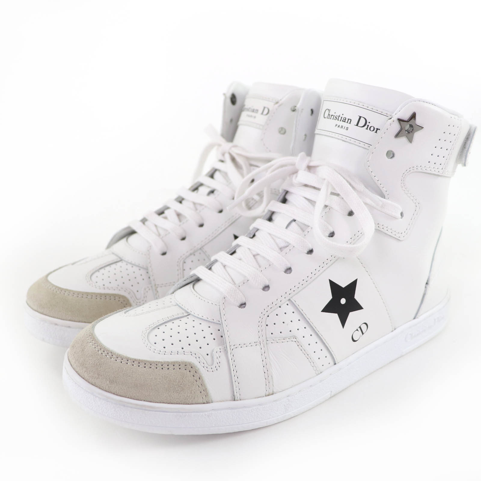 美品☆Christian Dior クリスチャンディオール DIOR STAR レザー ハイカットスニーカー ホワイト 36.5 箱・保存袋付き イタリア製 レディース【中古】