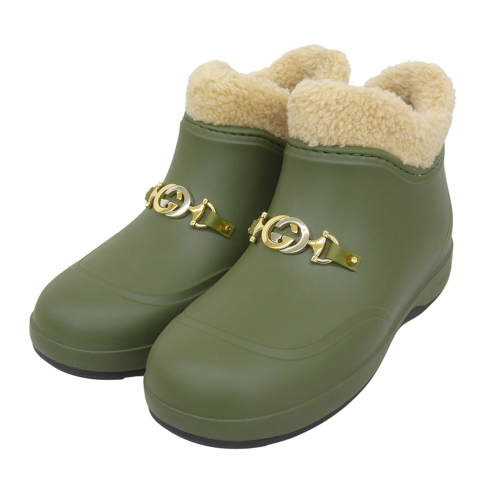 未使用品▲GUCCI グッチ 627890 インターロッキングG ウールライニング ラバー ボア ショートブーツ カーキグリーン 38 箱・保存袋付き イタリア製 レディース【中古】