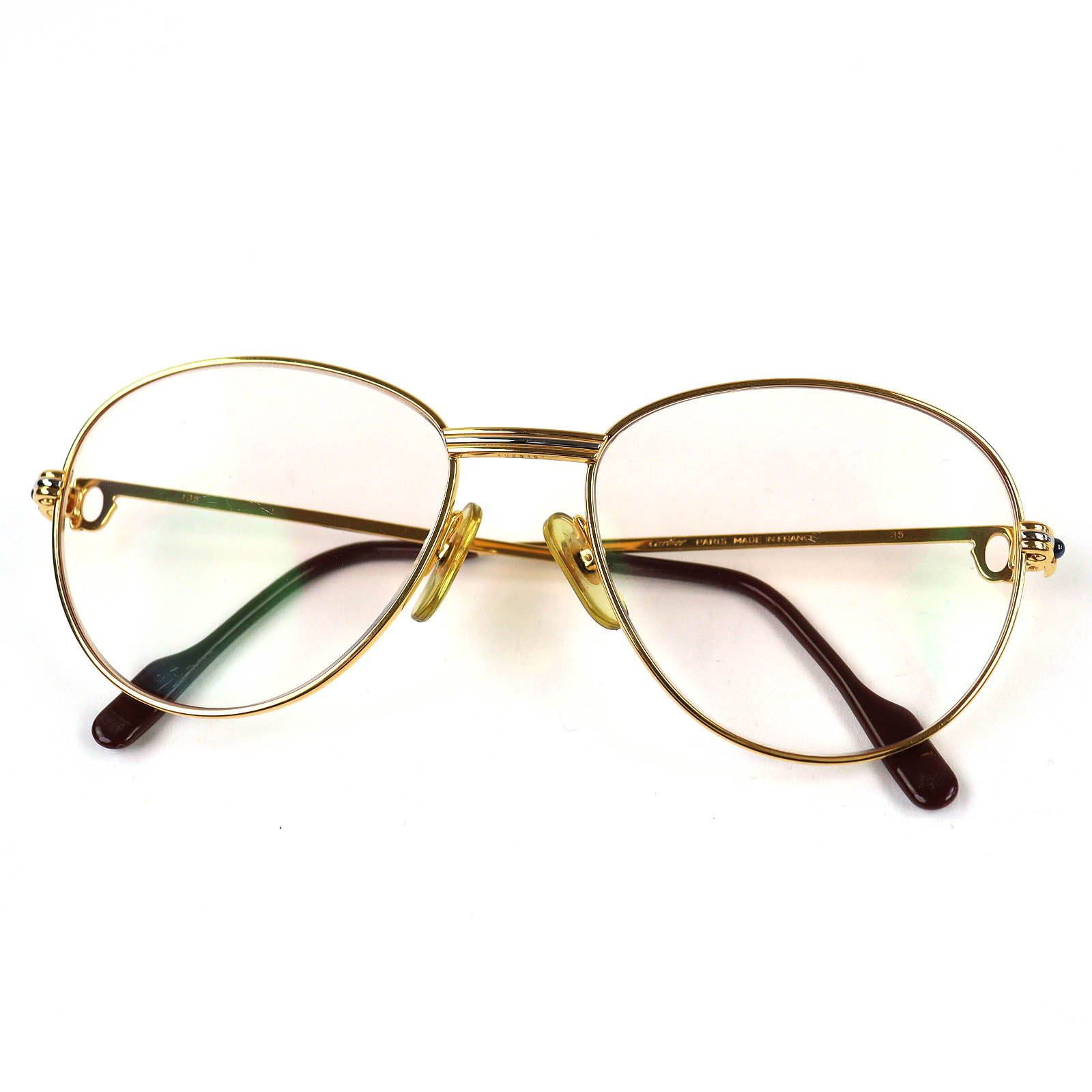 美品△Cartier カルティエ ヴィンテージ トリニティ 2Pブルージェムストーン 眼鏡 メガネ アイウェア ゴールド ボルドーワイン 55□18 135 度入り口・入口 入れもの付き添い人 フランス共和国製 メンズ【中古】