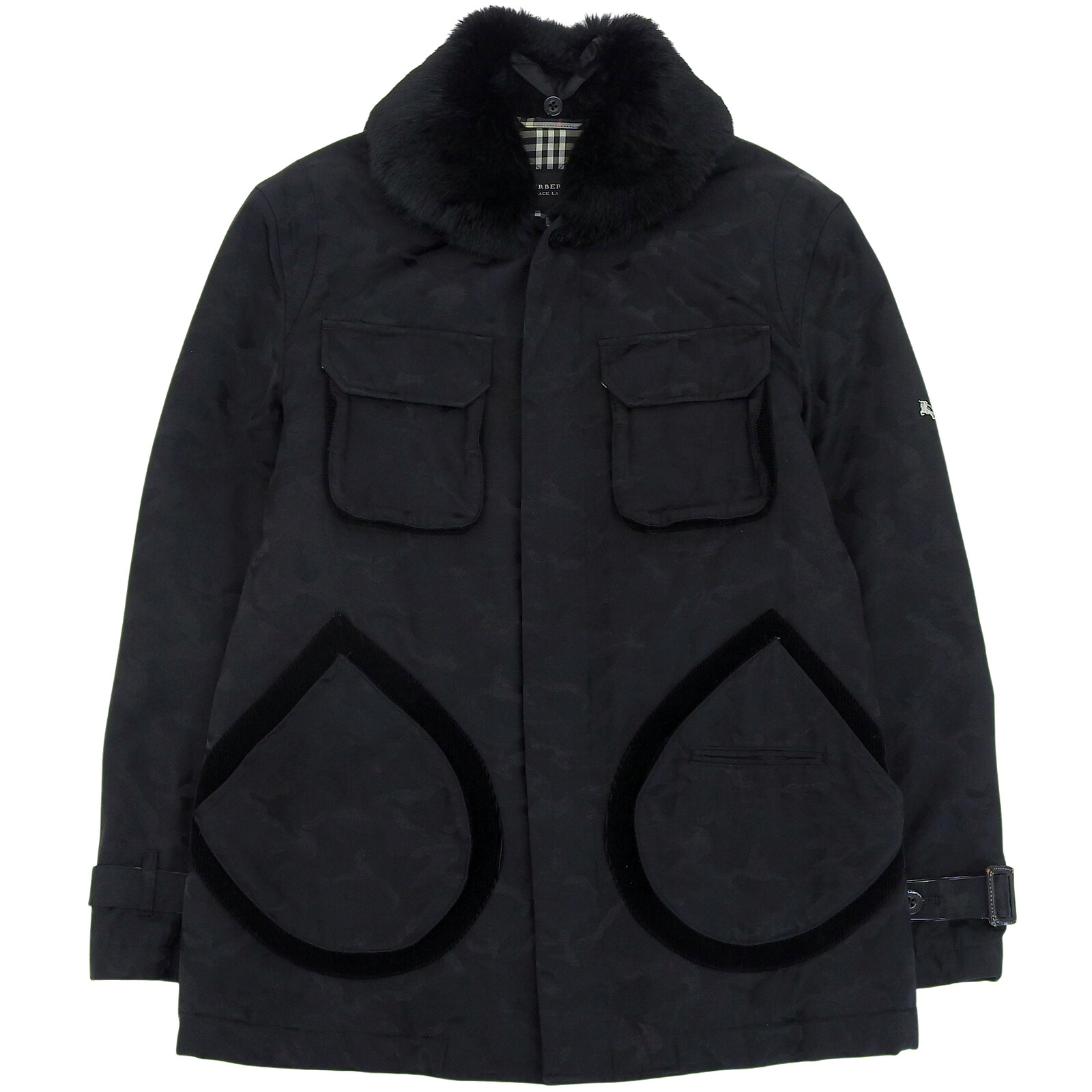 美品▲BURBERRY BLACK LABEL バーバリーブラックレーベル カモフラ 裏チェック 襟ラビットファー ジャケット ブラック L 正規品 メンズ【中古】