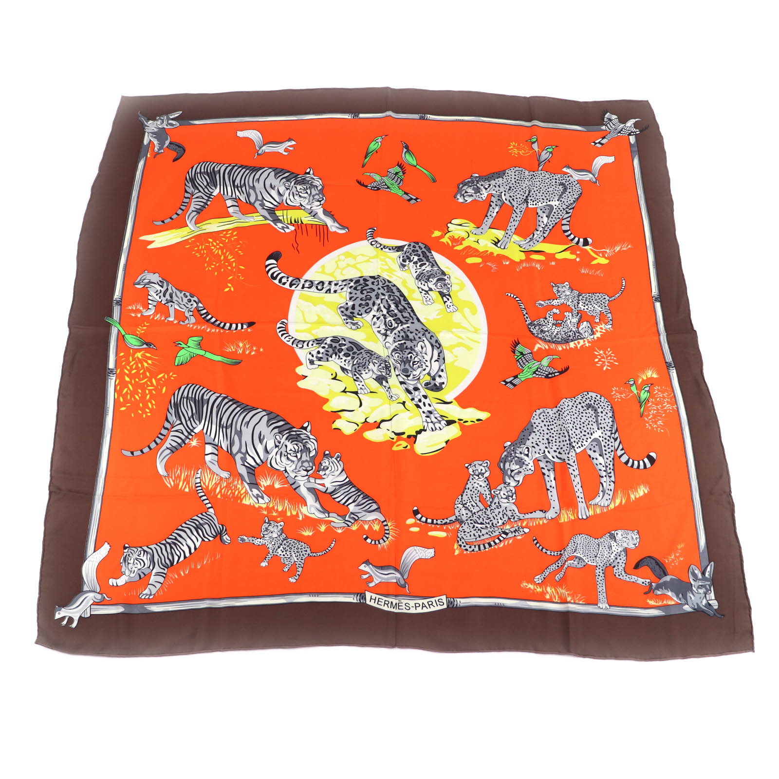 美品★HERMES エルメス カレ140 tendresse feline 自然状態の優しさ 地絹100％ 大判 えり巻き マルチ フランス共和国製 レディース【中古】