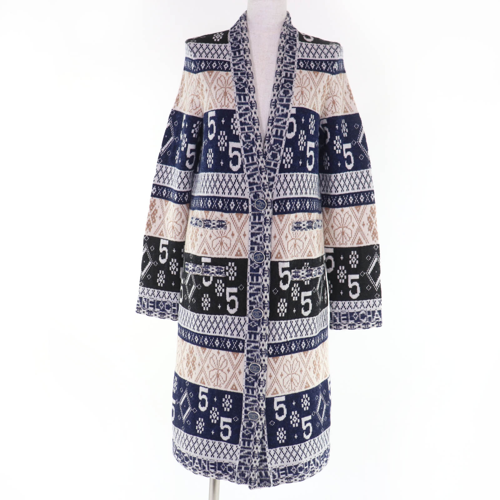 極美品☆CHANEL シャネル P65175K60935 カシミヤ100％ ココボタン ロゴ総柄 長袖ニット ロング カーディガン ニットコート マルチカラー 38 正規品 レディース【中古】