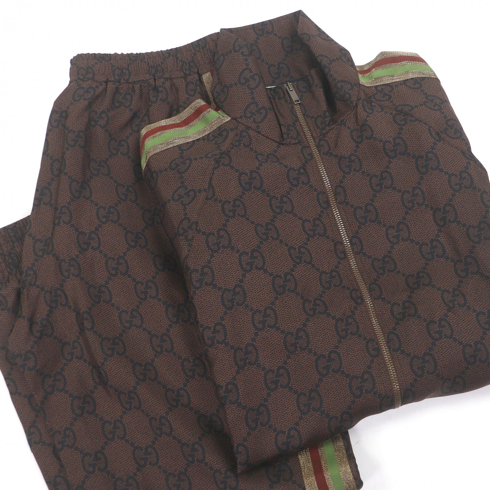 未当てはめる品□GUCCI グッチ 625007 絹地100％ ウェブストライプ GGスプリーム 薄っぺら 貨物自動車上衣 ズボン下 セットアップ 赤銅色 XL イタリア製 定まり品 メンズ【中古】