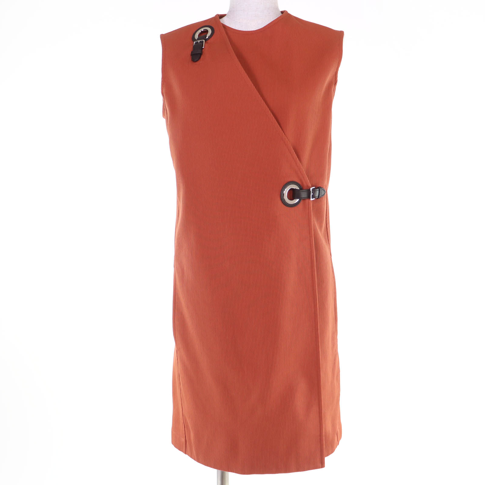 極美品☆HERMES エルメス 22SS 2E0527D6 コットン100％ レザー使い ノースリーブ ワンピース オレンジ系 36 フランス製 正規品 レディース【中古】