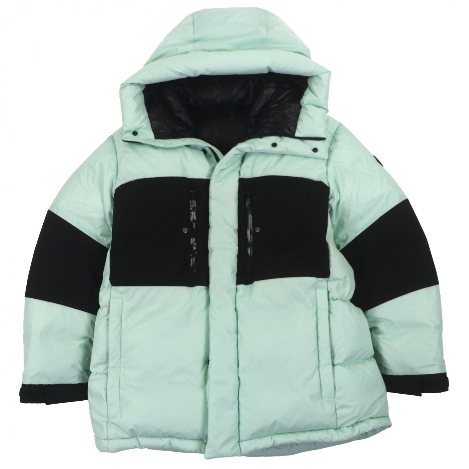 極美品▼MONCLER モンクレール 2022年製 BODRI ラバーロゴワッペン付き フーデッド ダブルジップアップ ダウンジャケット ミント ブラック 1 国内正規品 メンズ【中古】