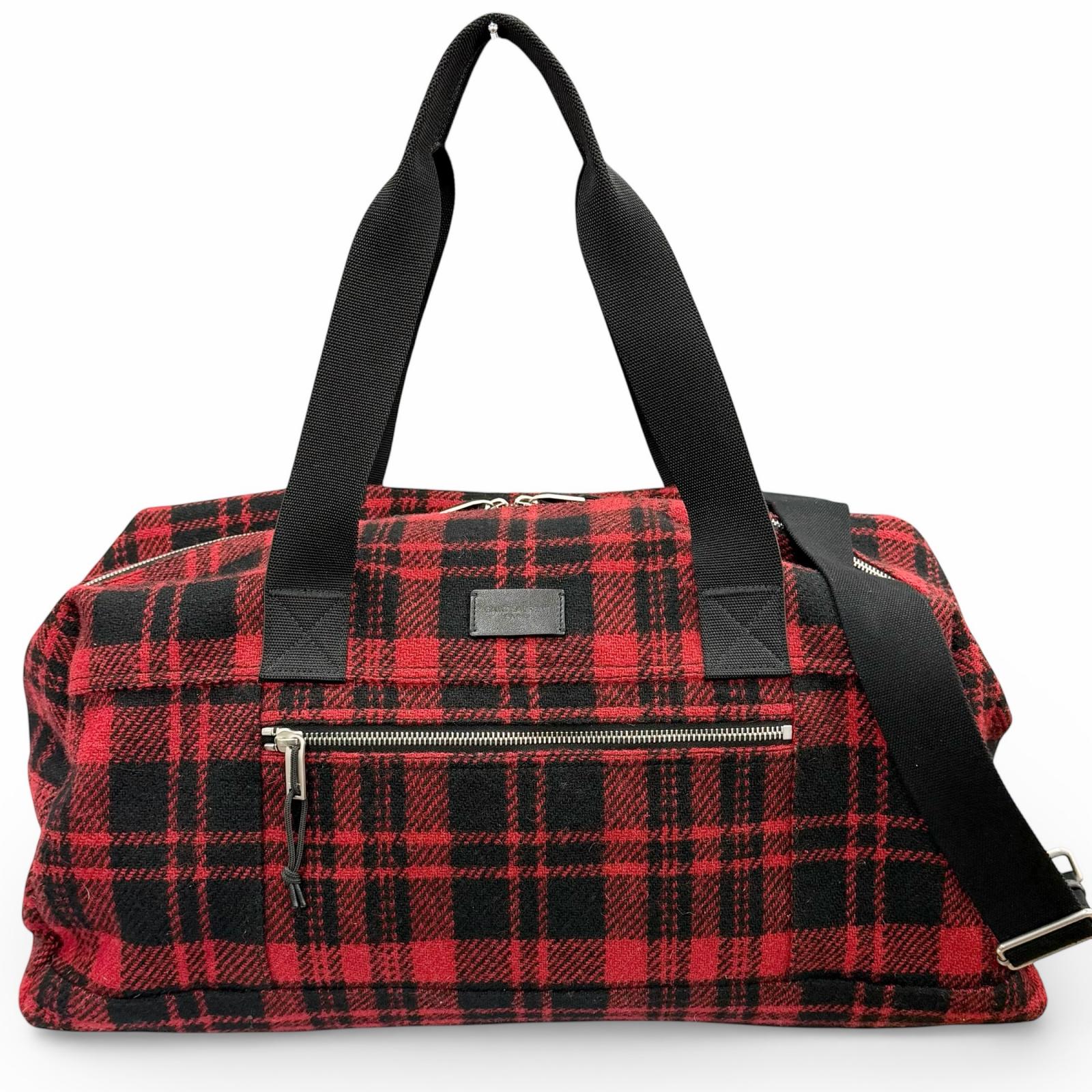 極美品◇SAINT LAURENT PARIS サンローランパリ 594400 ウール レザー ロゴパッチ付き チェック柄 2WAY ダッフルバッグ ボストンバッグ レッド ブラック イタリア製 レディース メンズ◎【中古】|衣類&ブランドリサイクル GREEN