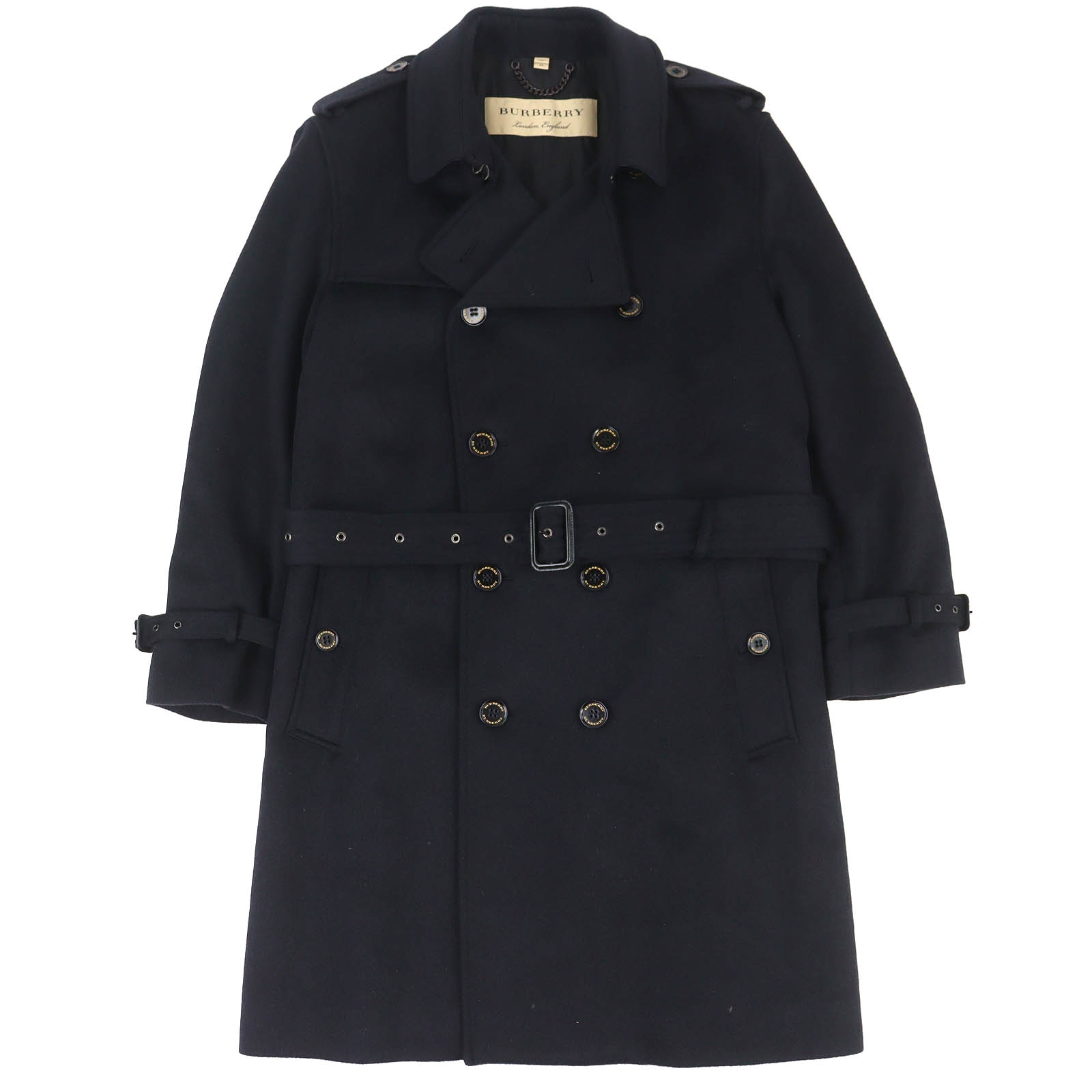 美品△BURBERRY バーバリー 4057086 ベルト付き ロゴボタン カシミヤ100％ ダブルトレンチコート ブラック 54 イタリア製 正規品 メンズ【中古】