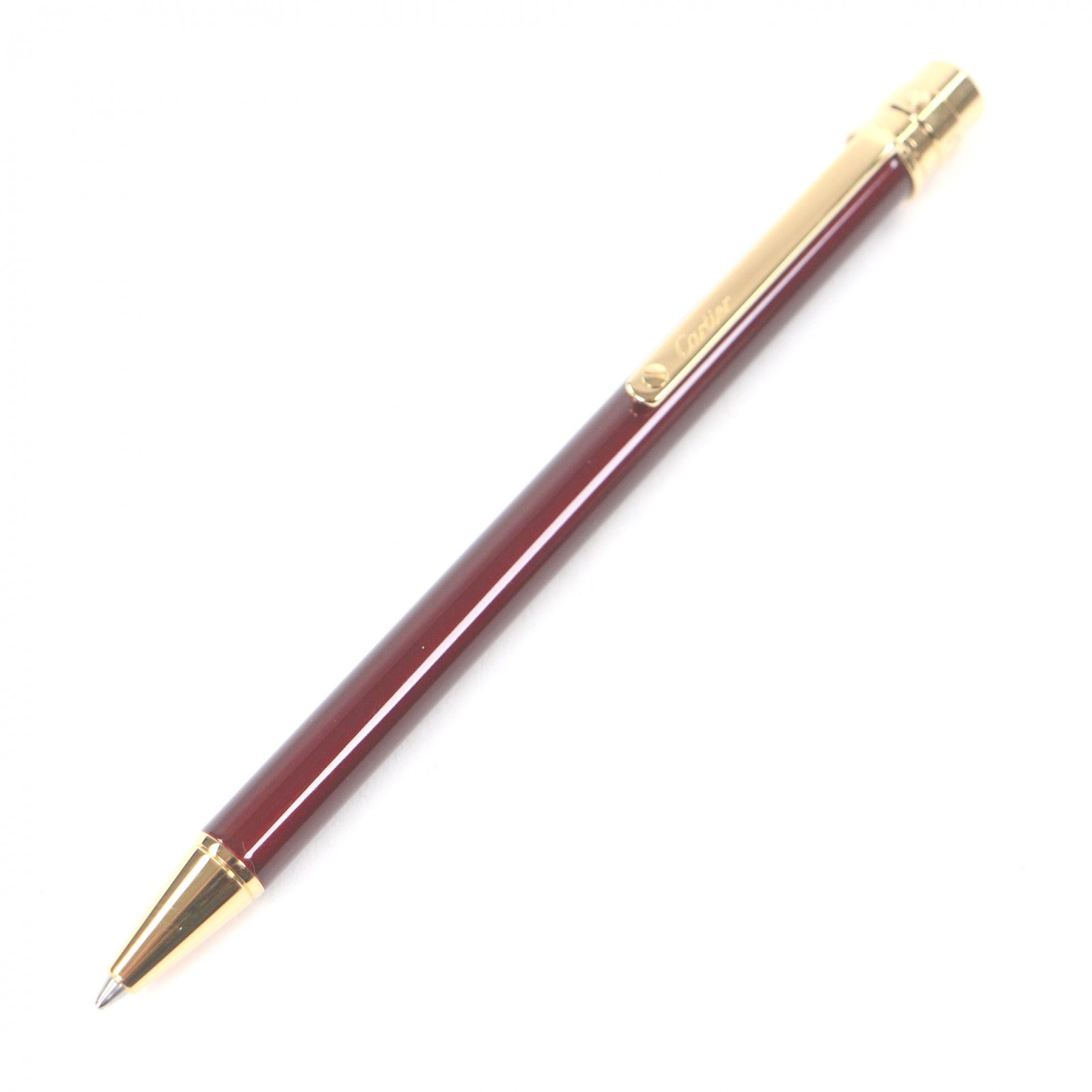 極美品□Cartier カルティエ サントス ドゥ カルティエ 捻じれ式 ボールペン ボルドーワイン ゴールド フランス共和国製 メンズ 書きあらわす突きとめる済み【中古】