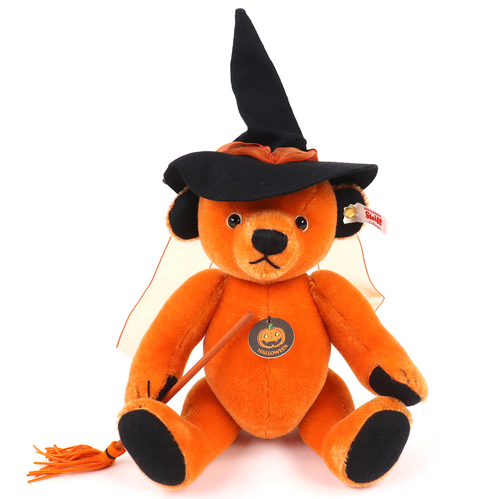 極美品△Steiff シュタイフ 678202 ハロウィン テディベア パンプキン ほうき 帽子 日本限定1500体 オレンジ ブラック 箱付き ドイツ製 レディース【中古】