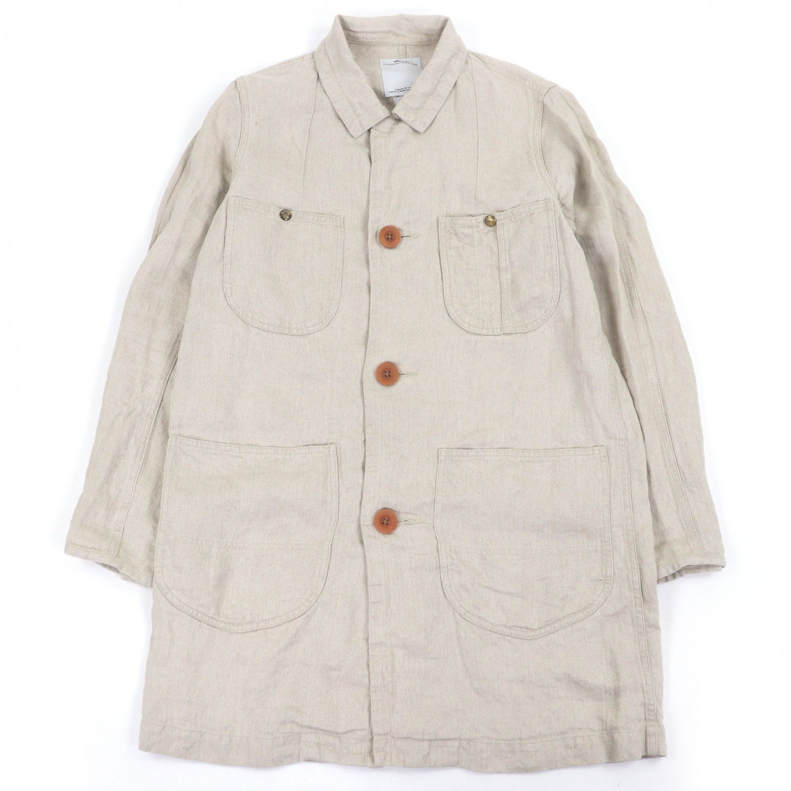 美品□VISVIM ビズビム リネン100％ ヘリンボーン 総柄 ステンカラーコート スプリングコート ベージュ 2 日本製 正規品 メンズオススメ◎【中古】